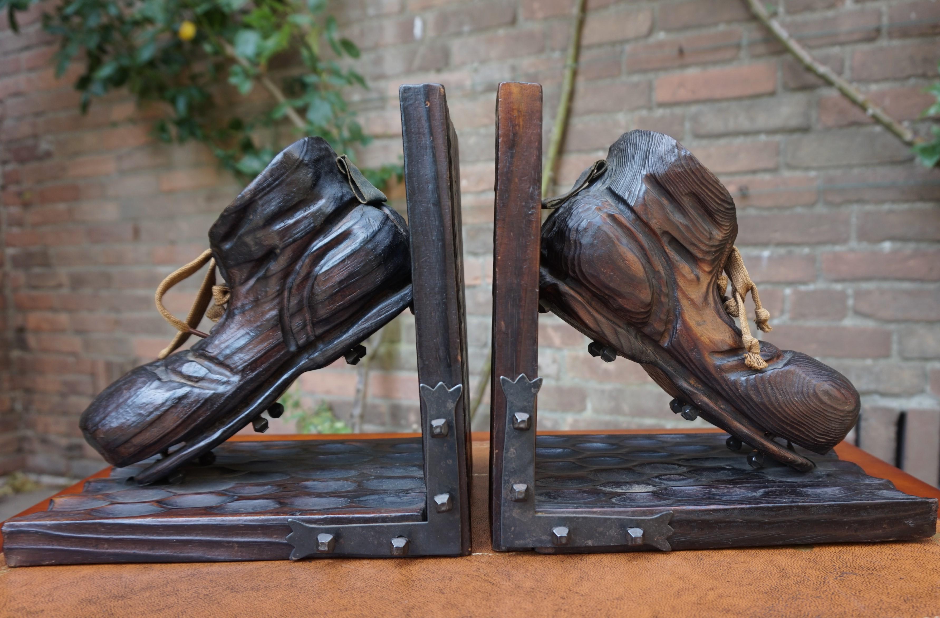 European Rare & All Hand-Carved Wooden 1950's Fifties Soccer / Football Shoes Bookends For Sale