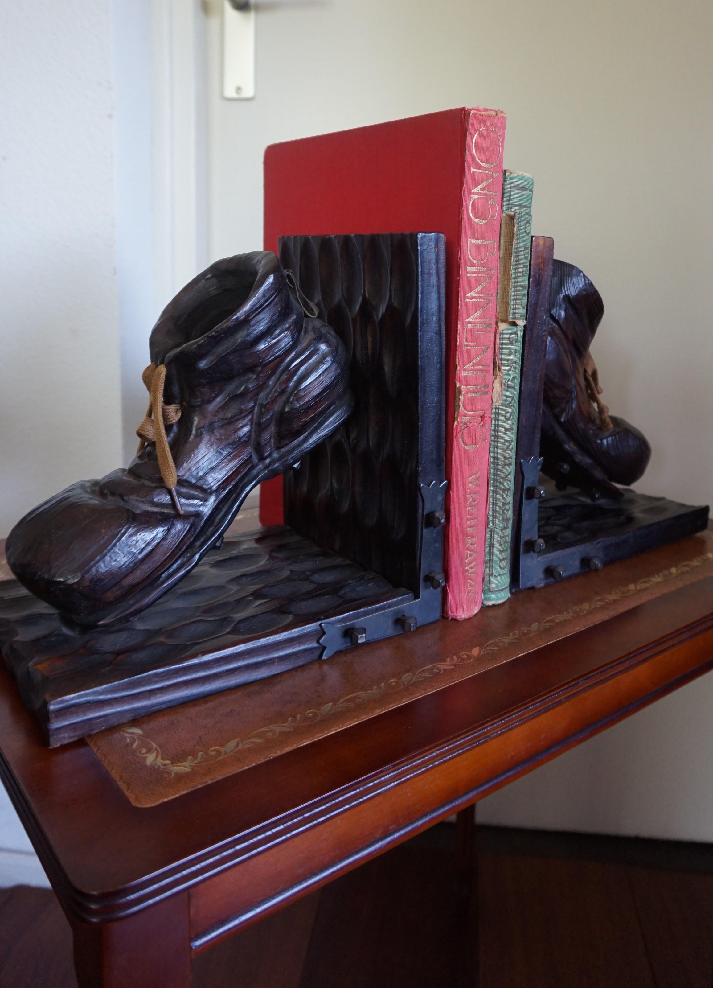 Wrought Iron Rare & All Hand-Carved Wooden 1950's Fifties Soccer / Football Shoes Bookends For Sale