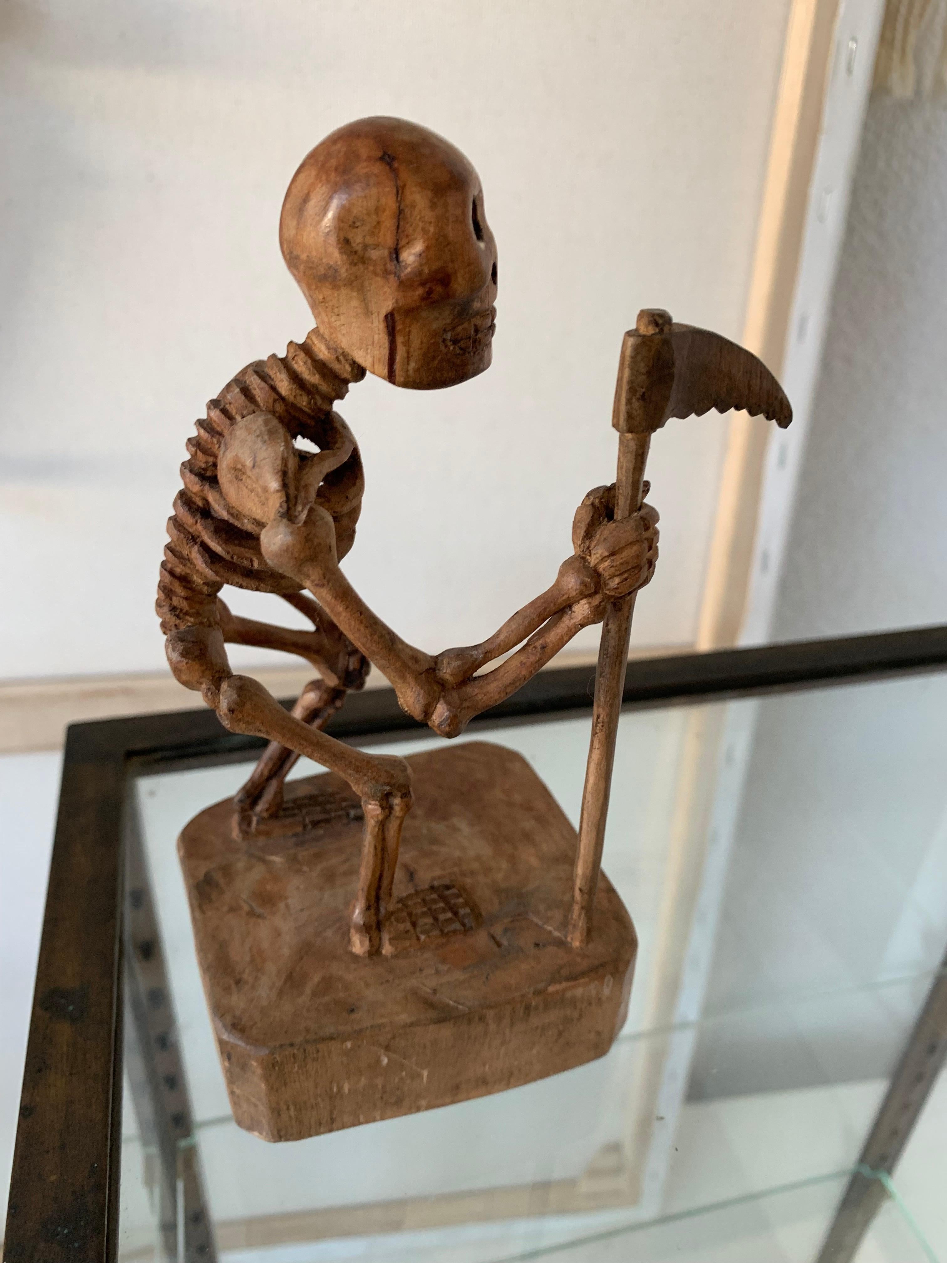 European Rare & All Hand Carved Wooden Folk Art Miniature Grim Reaper Skeleton Sculpture