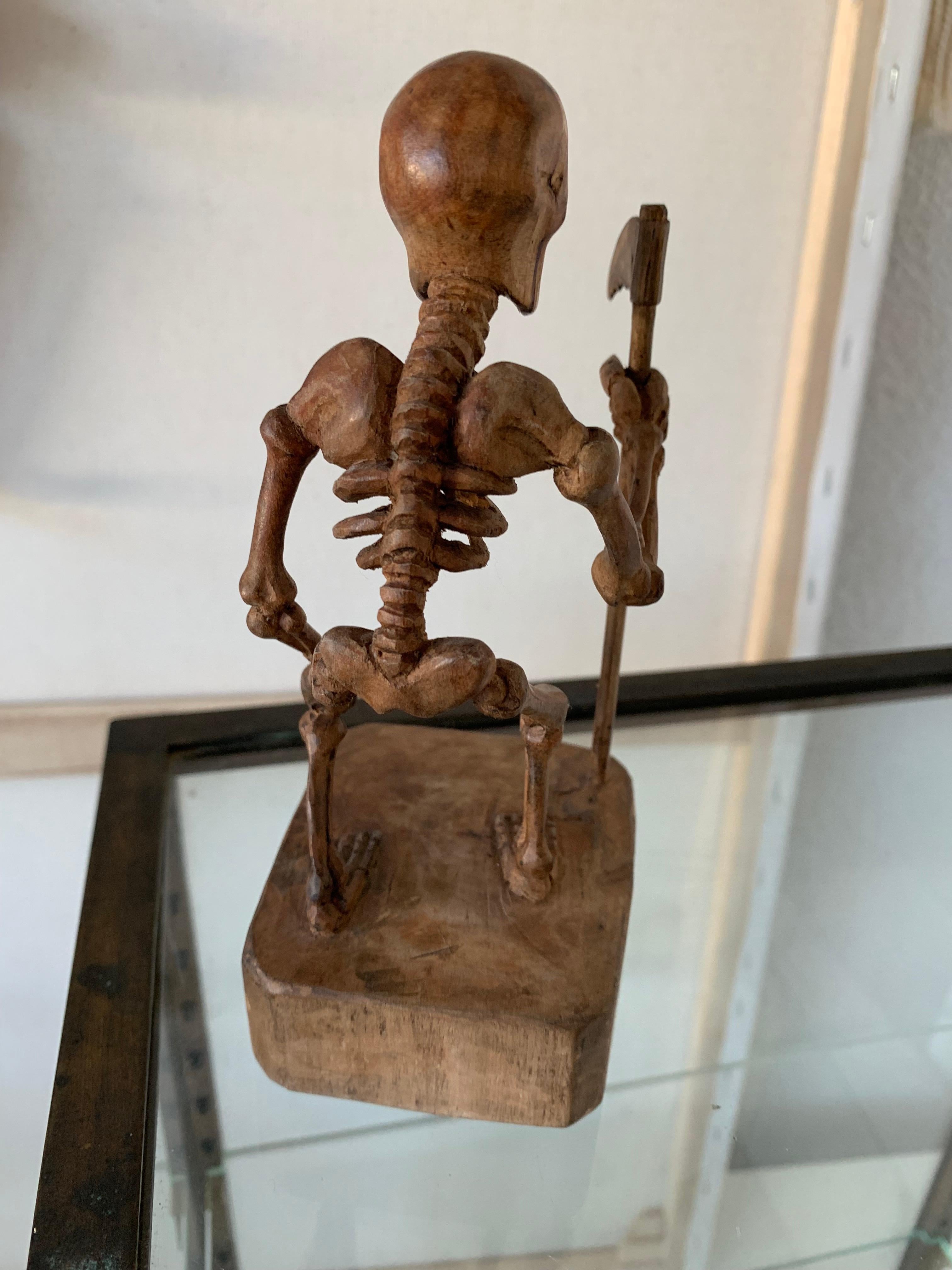 Hand-Carved Rare & All Hand Carved Wooden Folk Art Miniature Grim Reaper Skeleton Sculpture