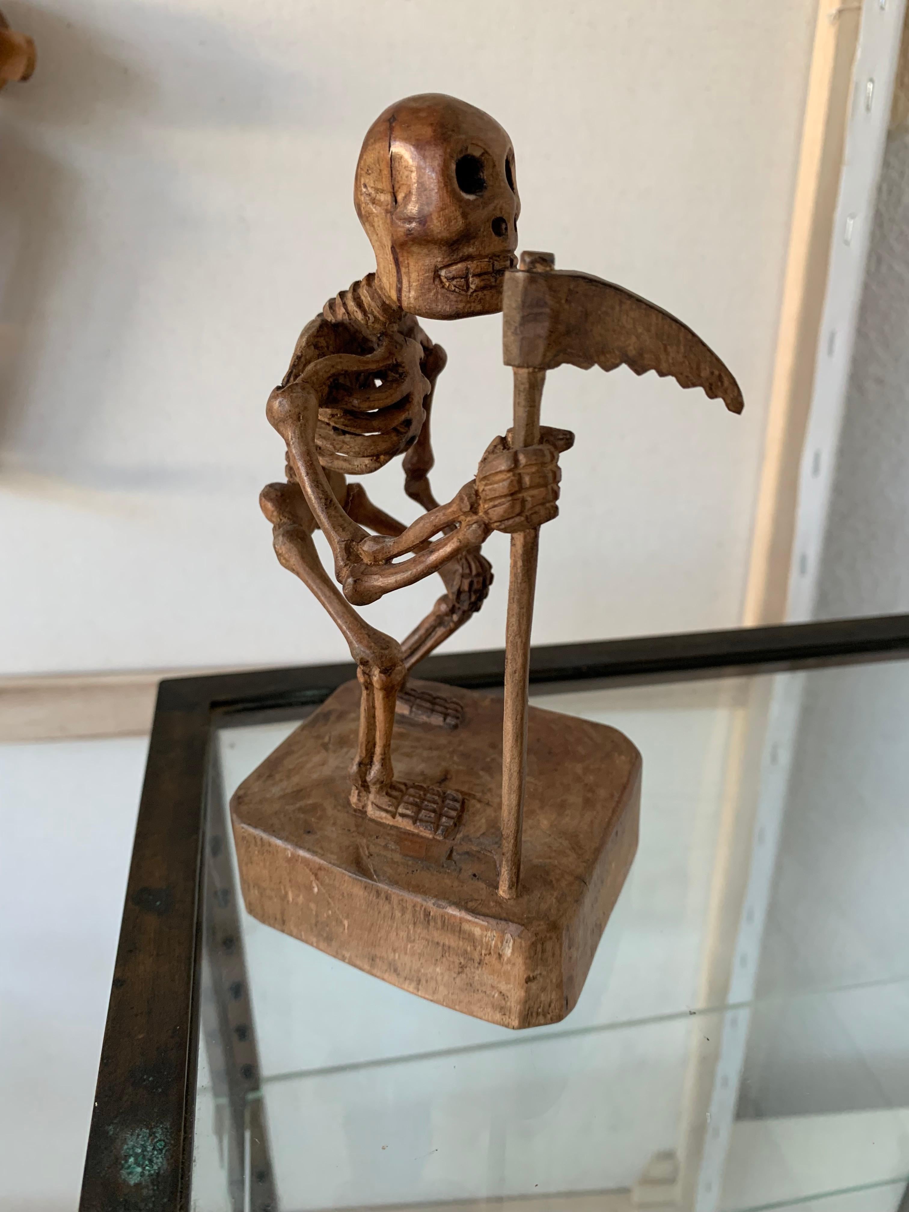 20th Century Rare & All Hand Carved Wooden Folk Art Miniature Grim Reaper Skeleton Sculpture