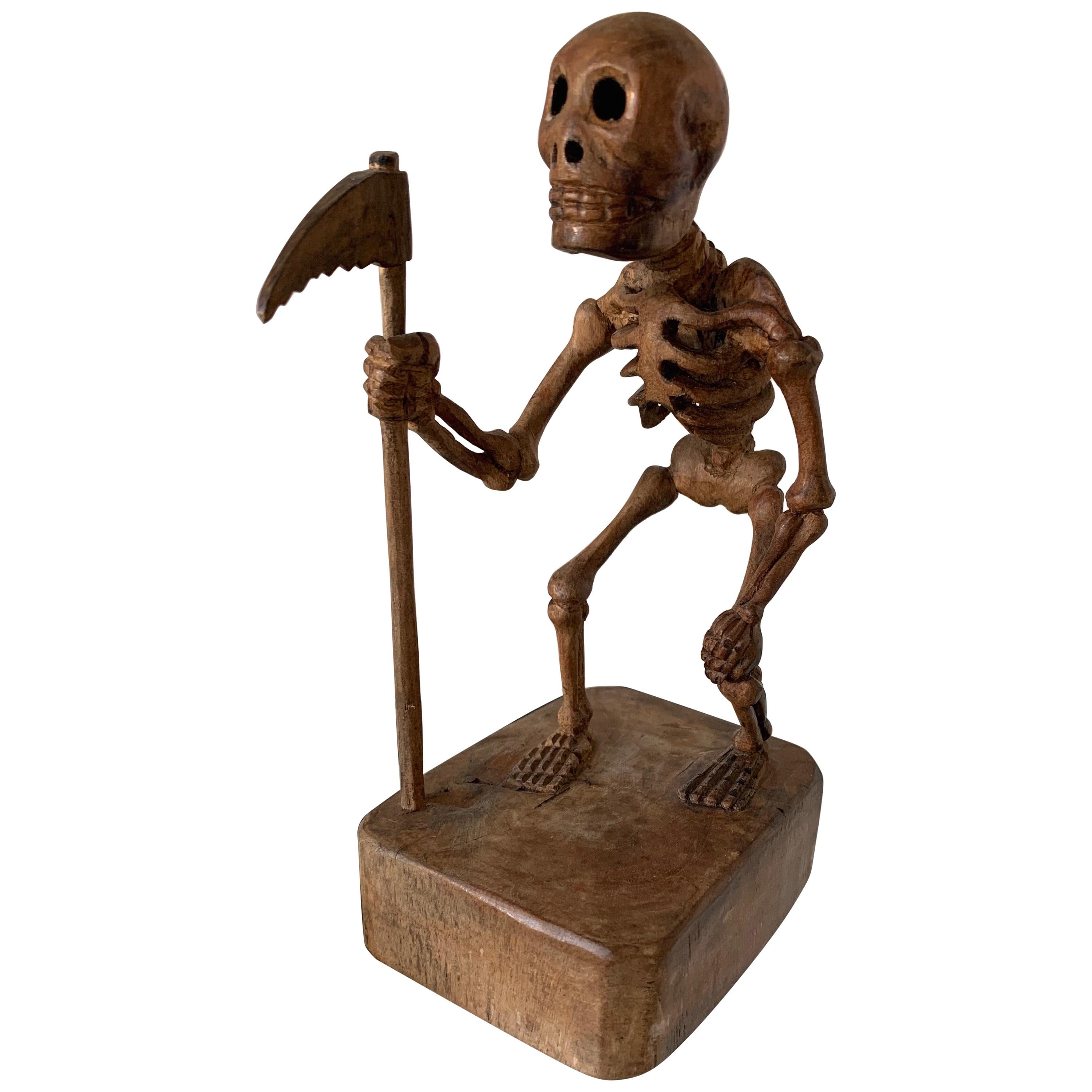Rare & All Hand Carved Wooden Folk Art Miniature Grim Reaper Skeleton Sculpture