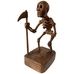 Antique Rare & All Hand Carved Wooden Folk Art Miniature Grim Reaper Skeleton Sculpture