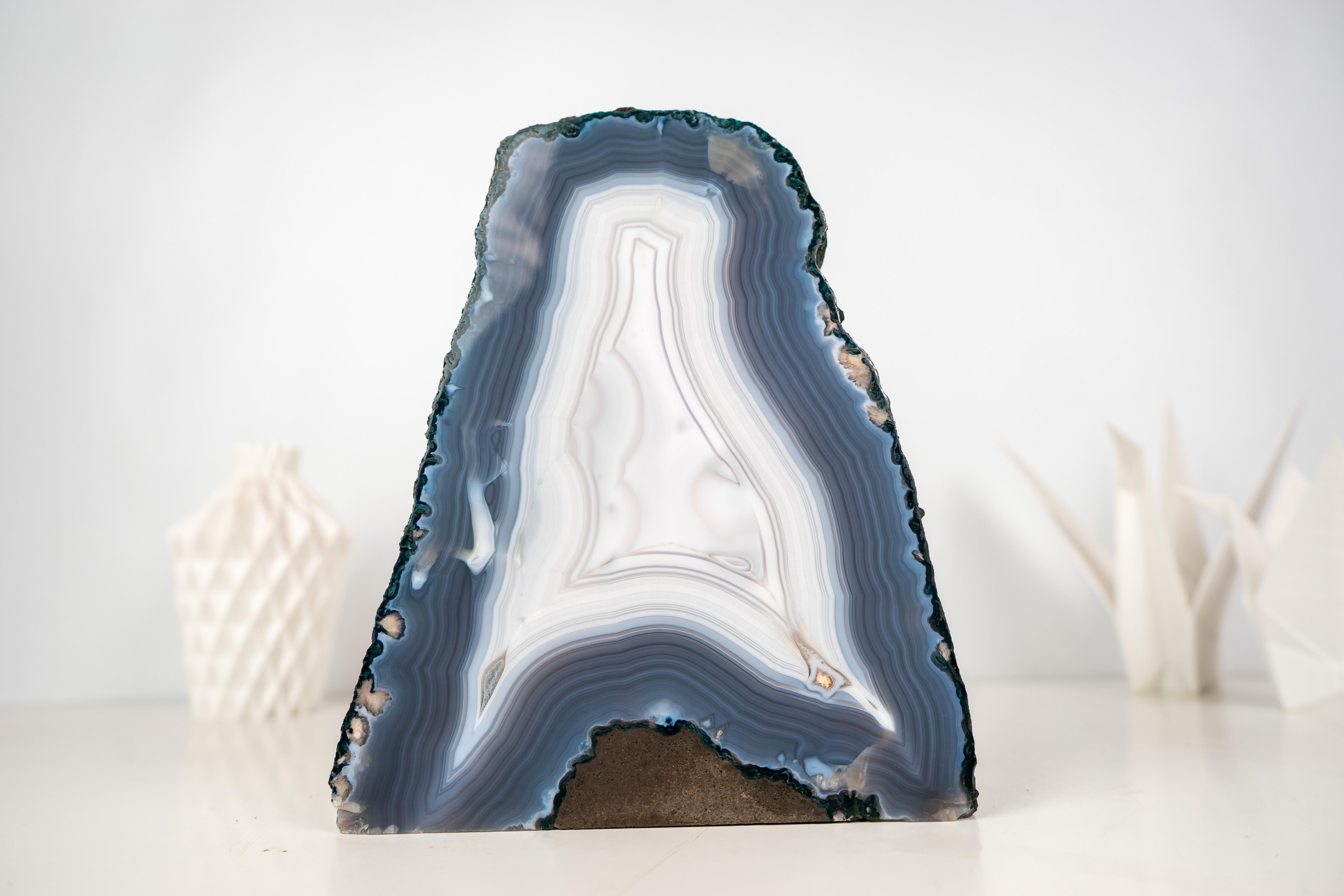 Rare All-Natural Blue and White Agate Lace Geode with Intact Drawn Lines For Sale 4