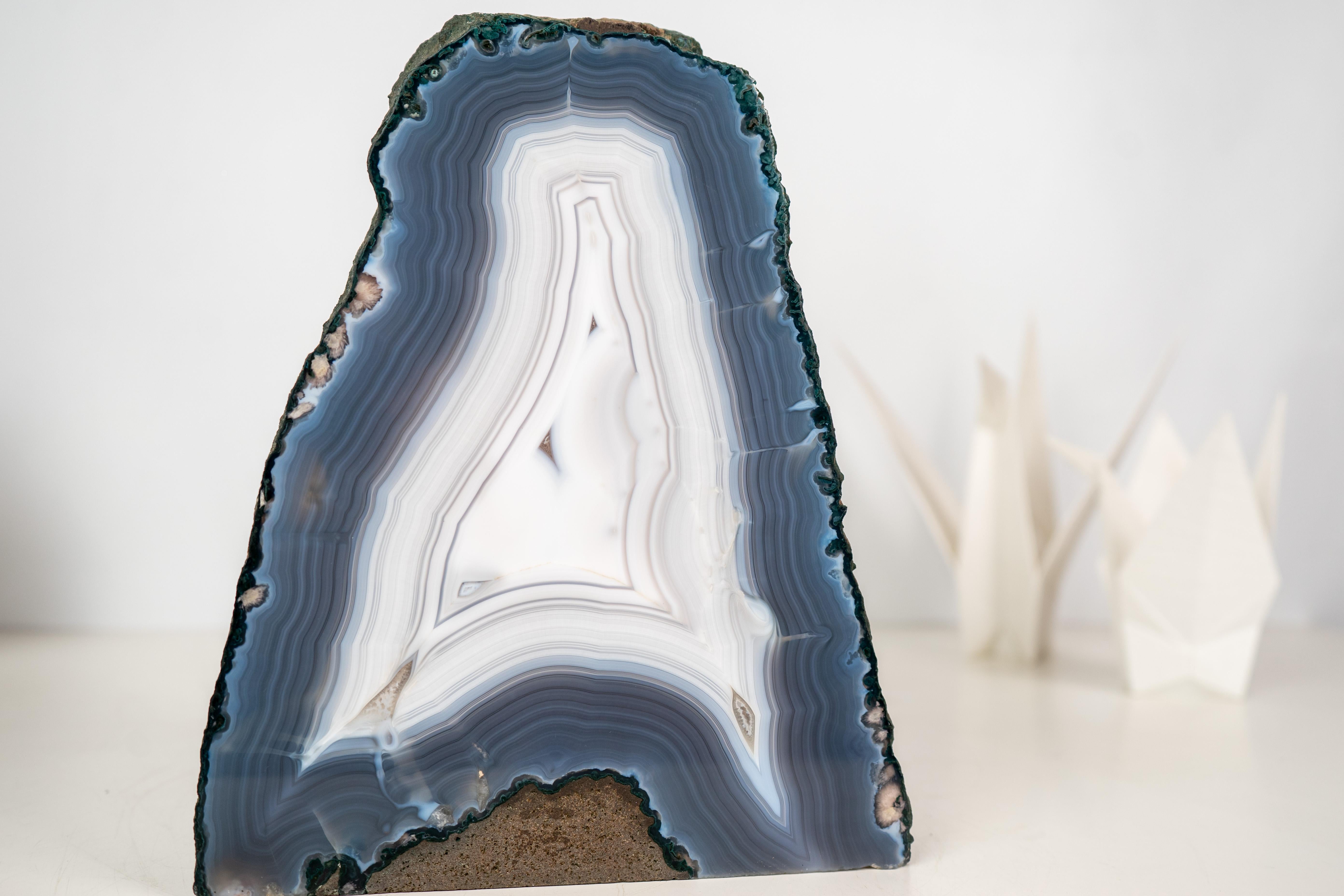 Rare All-Natural Blue and White Agate Lace Geode with Intact Drawn Lines For Sale 4