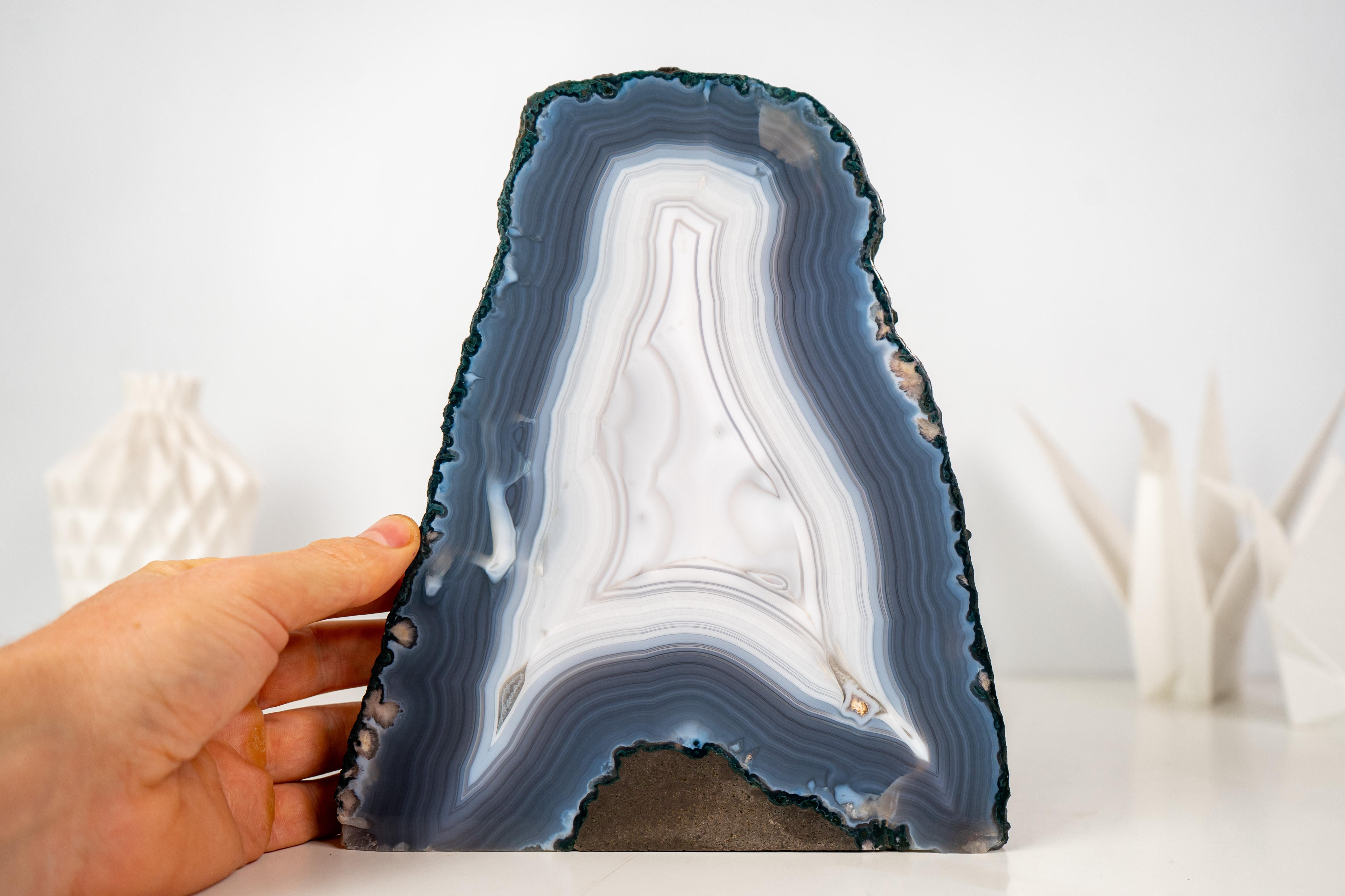Rare All-Natural Blue and White Agate Lace Geode with Intact Drawn Lines For Sale 5