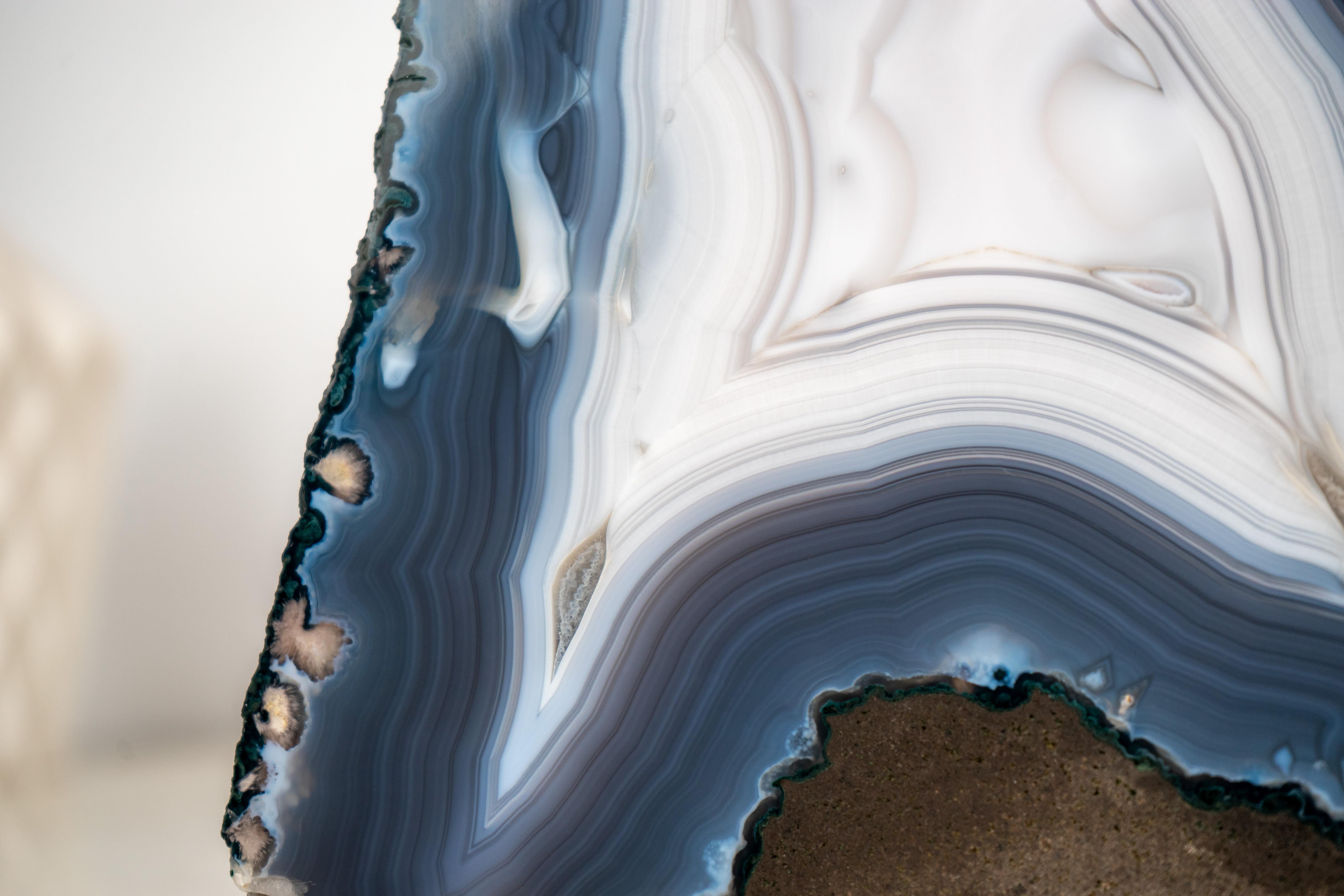 Brazilian Rare All-Natural Blue and White Agate Lace Geode with Intact Drawn Lines For Sale
