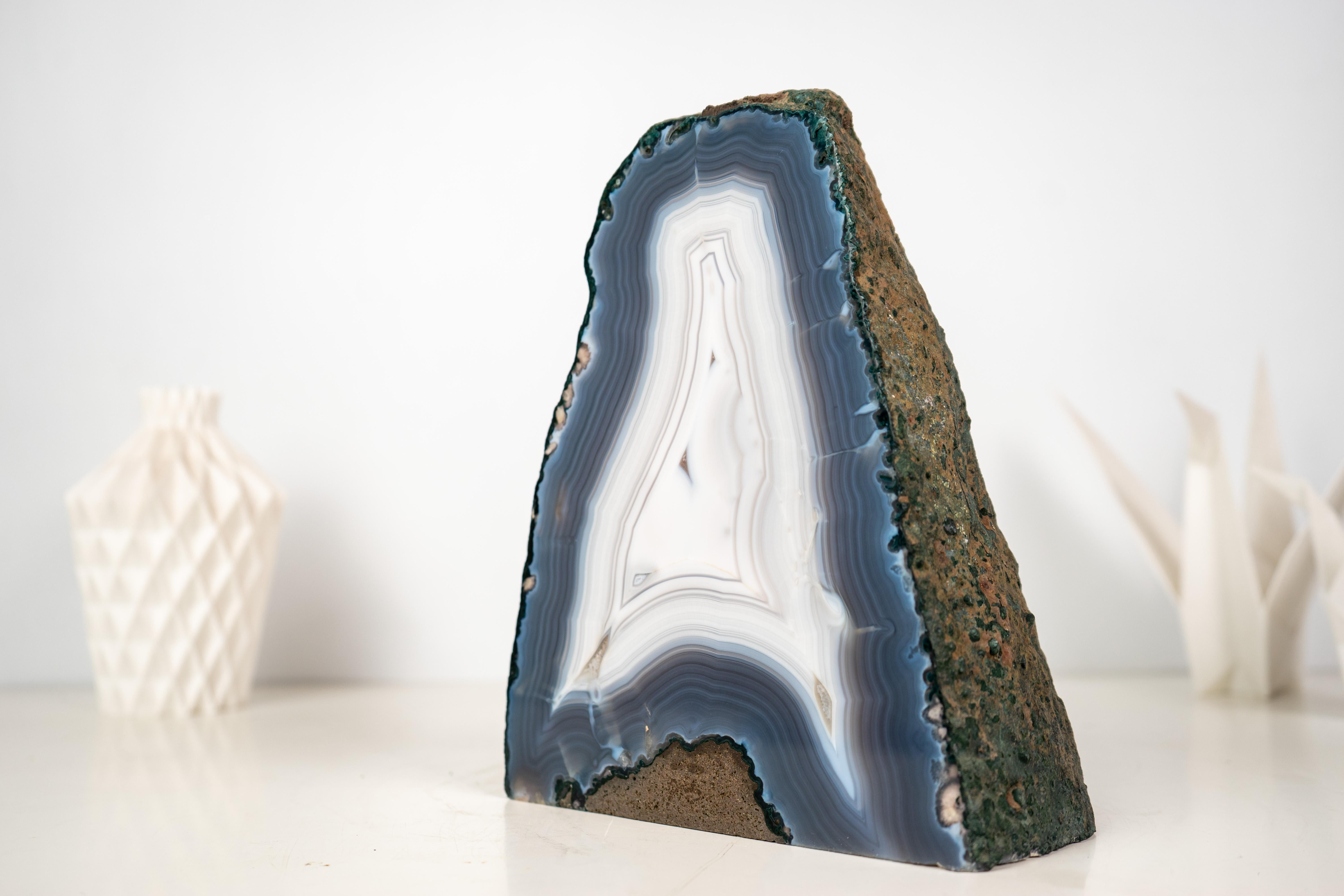 Brazilian Rare All-Natural Blue and White Agate Lace Geode with Intact Drawn Lines For Sale
