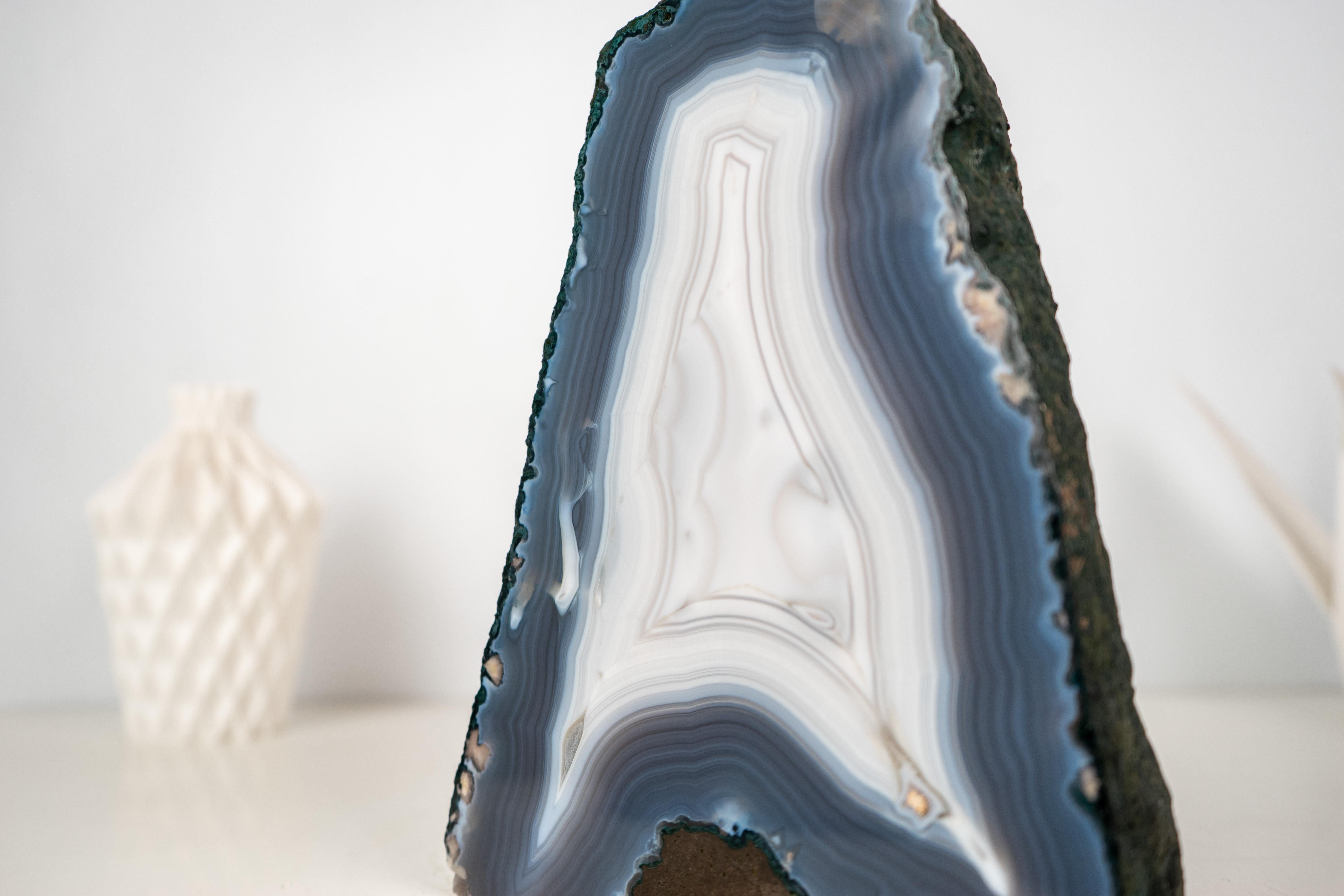 Contemporary Rare All-Natural Blue and White Agate Lace Geode with Intact Drawn Lines For Sale