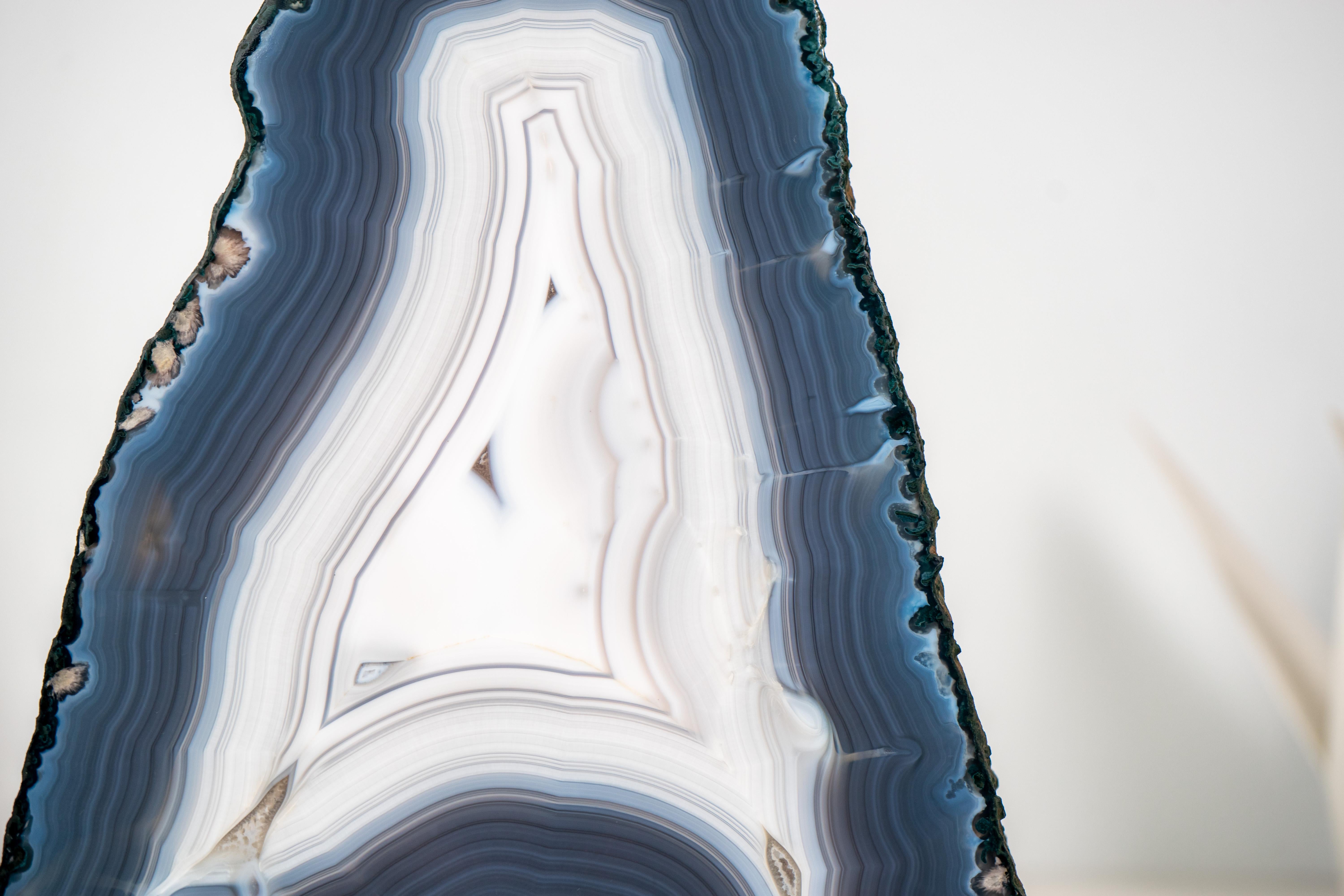 Contemporary Rare All-Natural Blue and White Agate Lace Geode with Intact Drawn Lines For Sale
