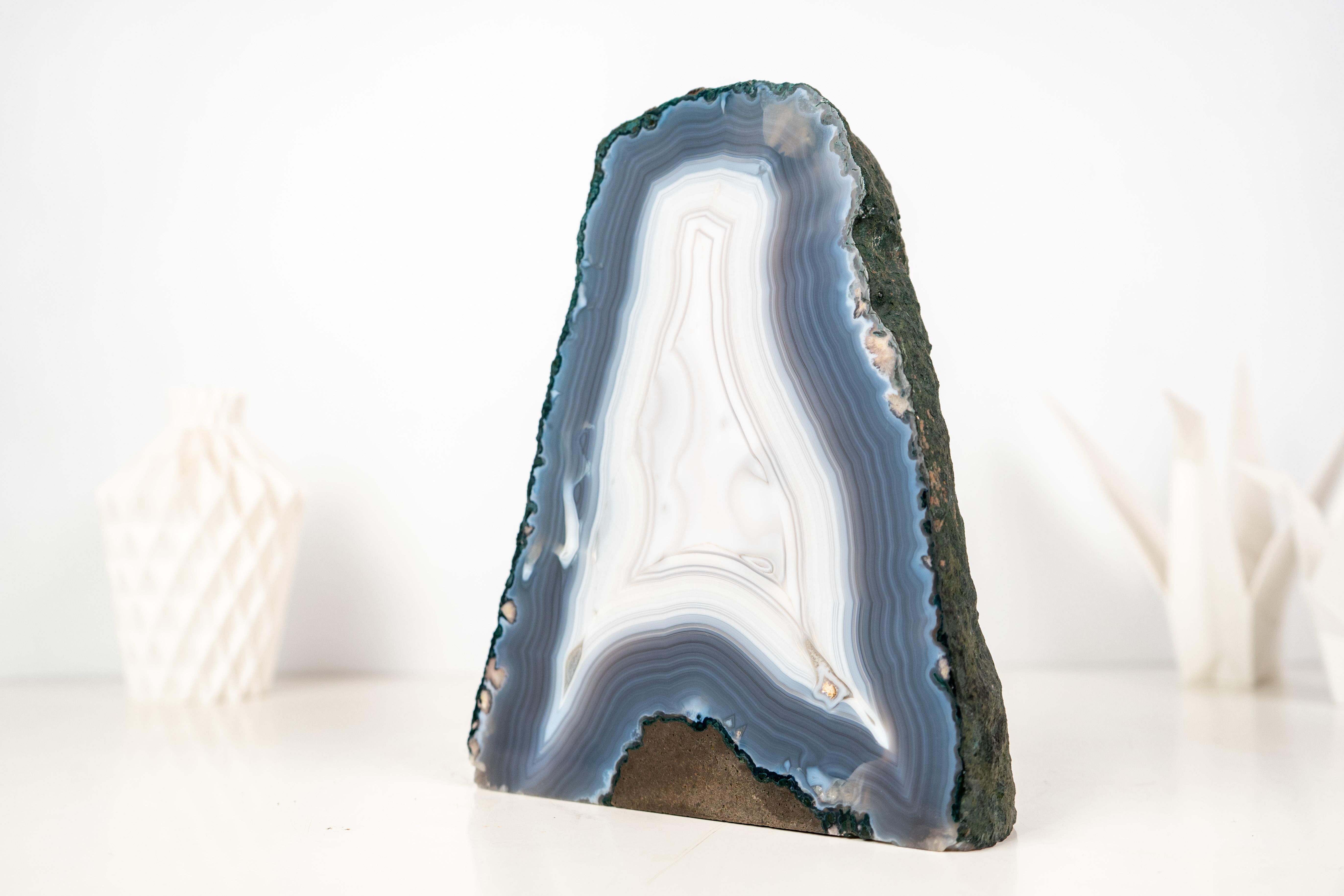 Crystal Rare All-Natural Blue and White Agate Lace Geode with Intact Drawn Lines For Sale