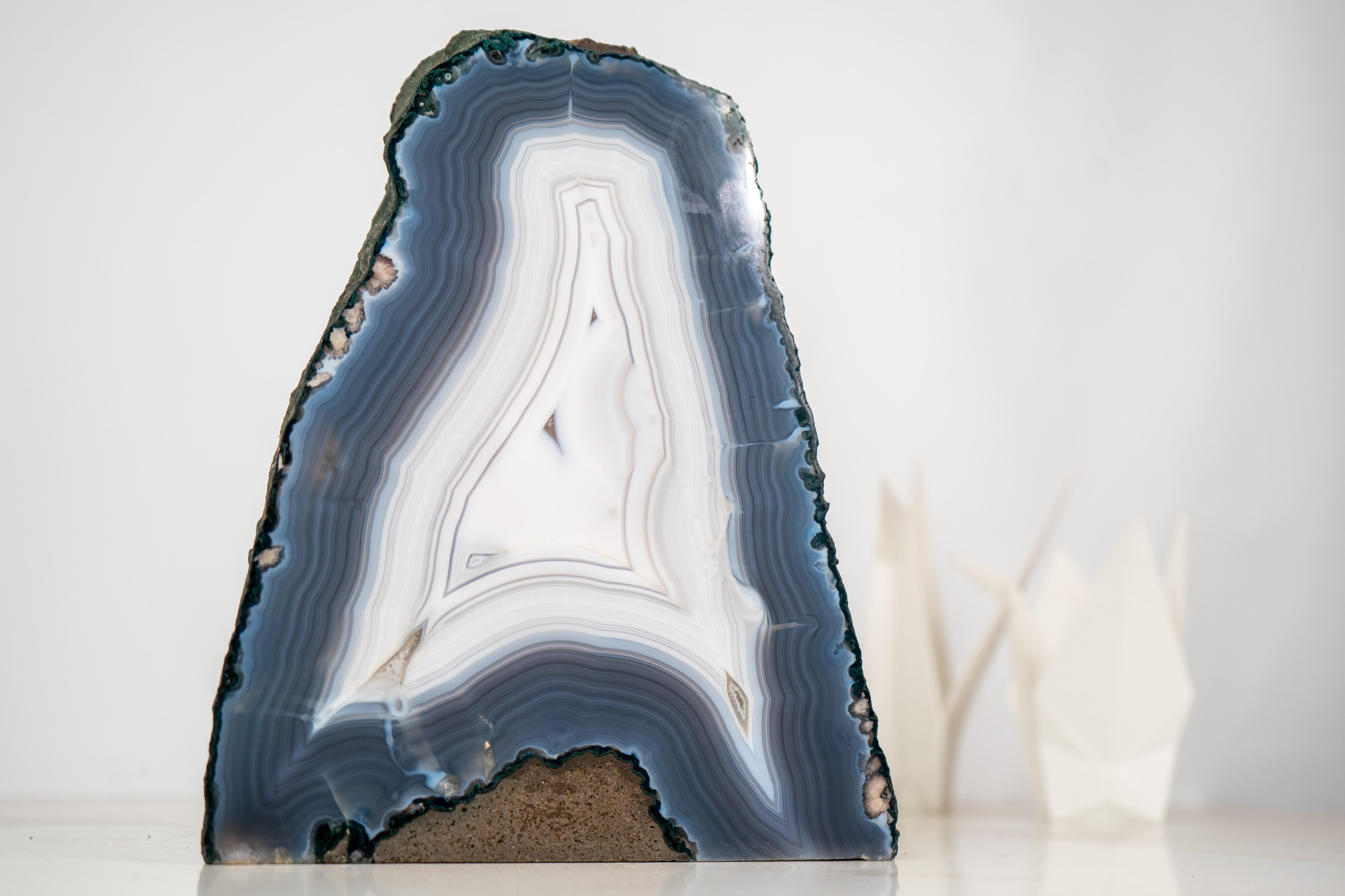 Crystal Rare All-Natural Blue and White Agate Lace Geode with Intact Drawn Lines For Sale