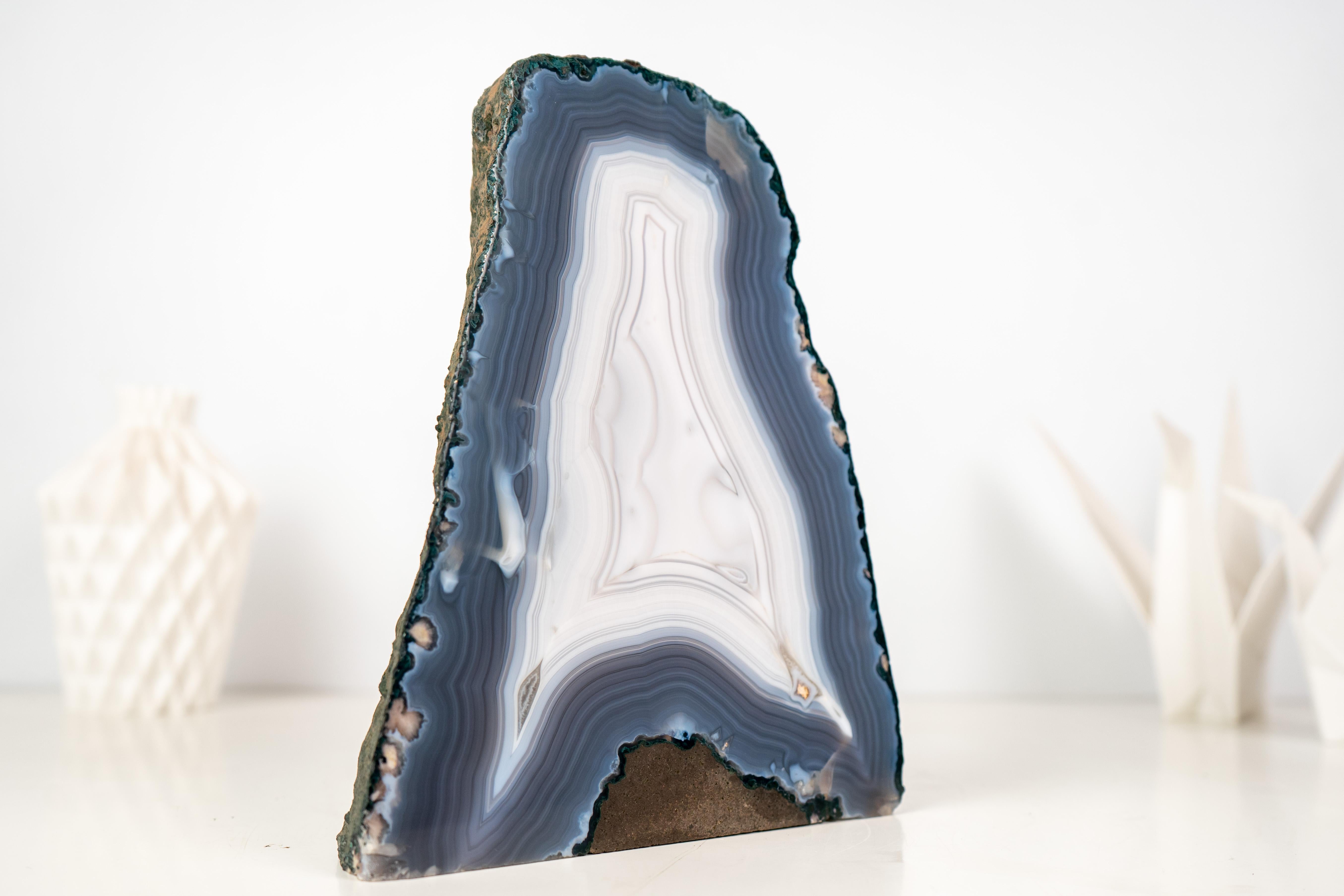 Rare All-Natural Blue and White Agate Lace Geode with Intact Drawn Lines For Sale 1