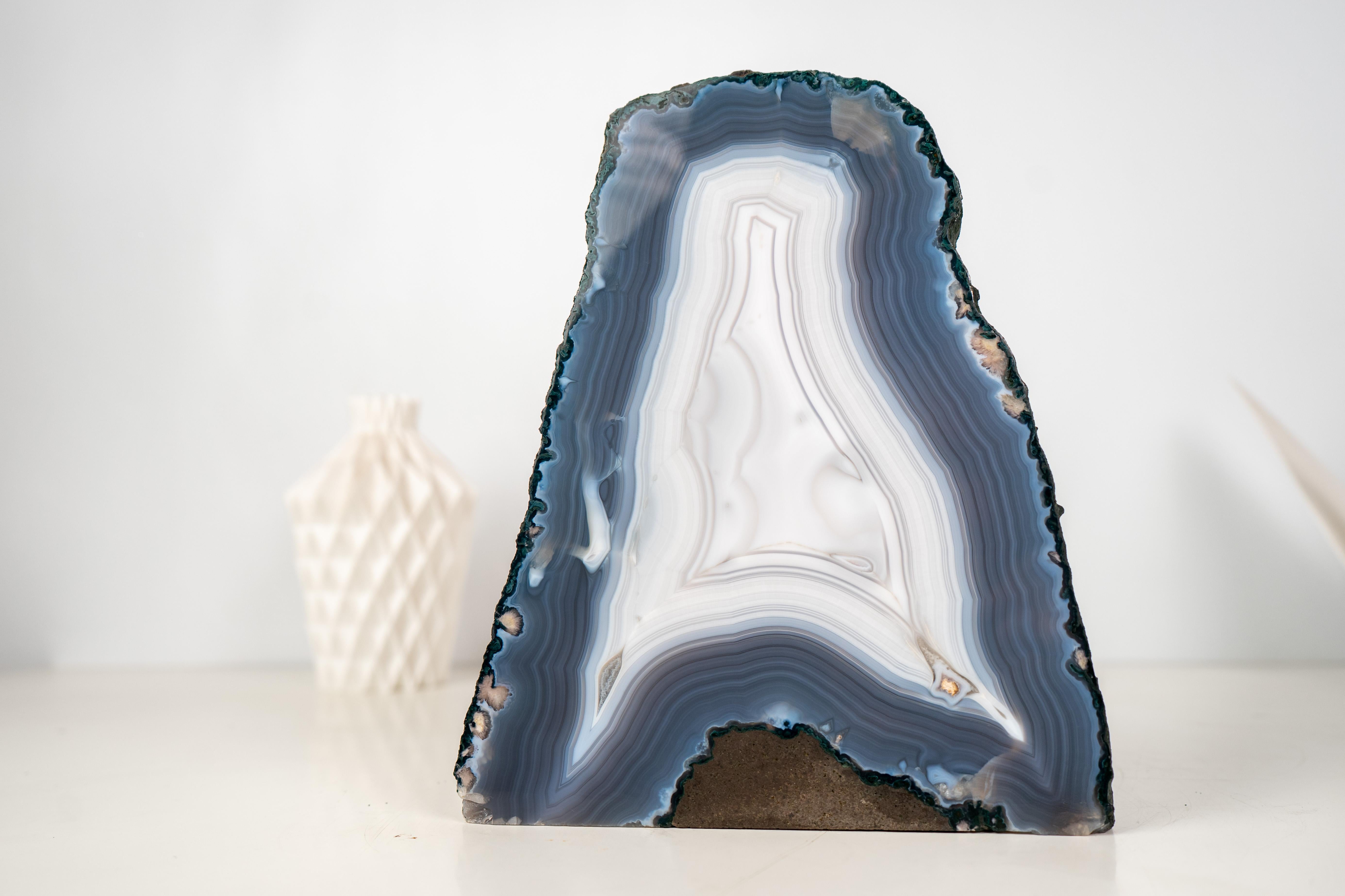 Rare All-Natural Blue and White Agate Lace Geode with Intact Drawn Lines For Sale 2