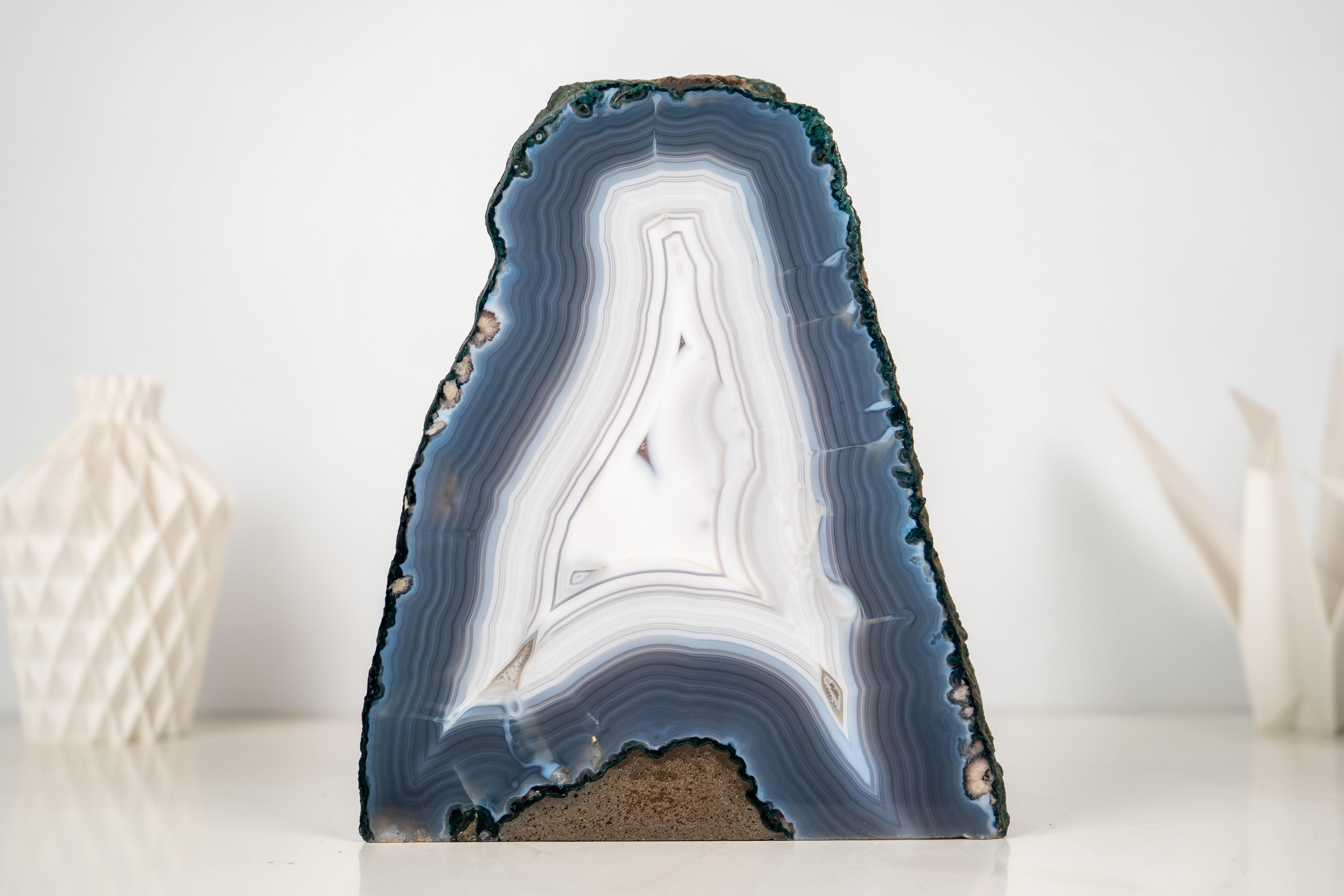 Rare All-Natural Blue and White Agate Lace Geode with Intact Drawn Lines For Sale 2