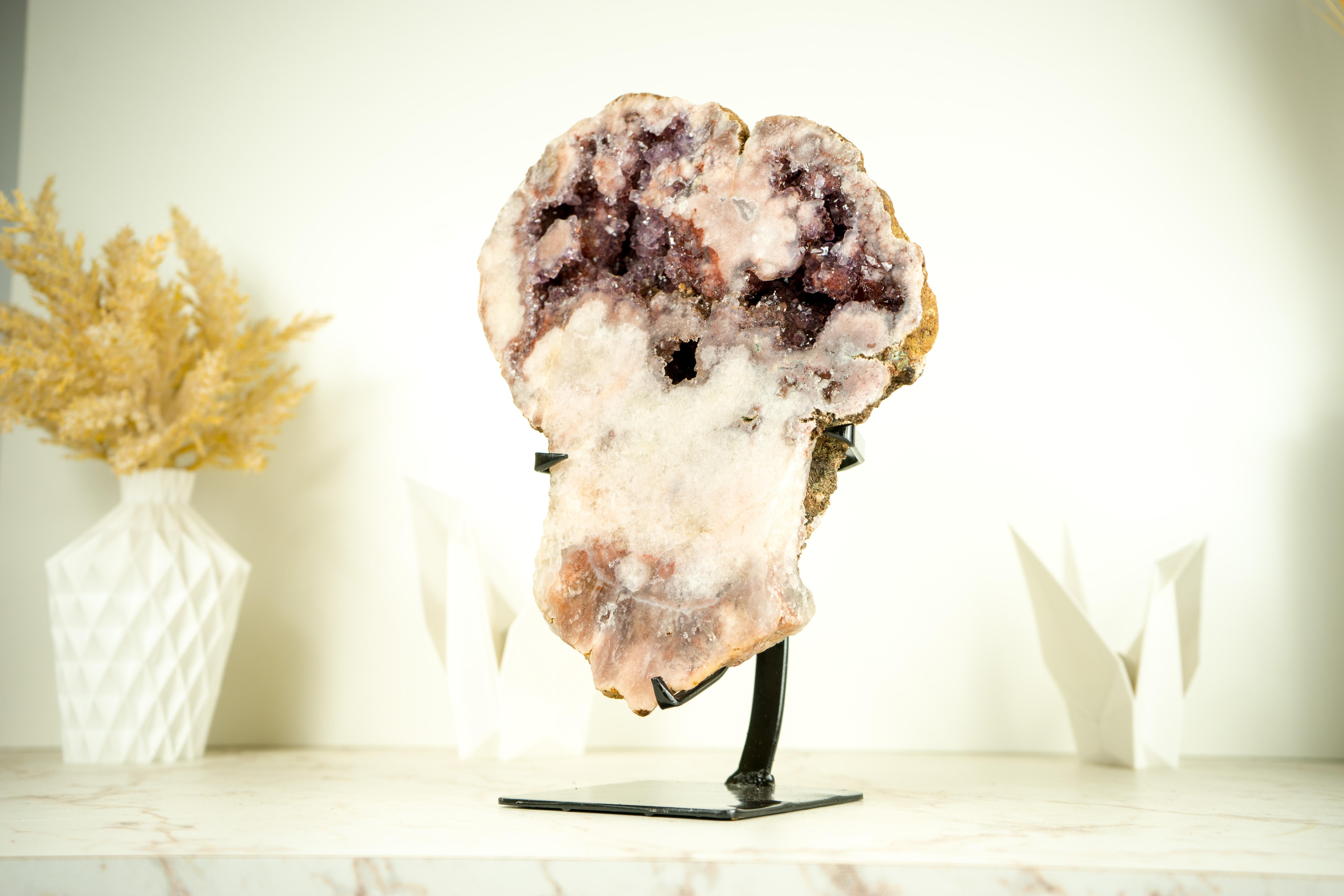 Brazilian Rare All-Natural Pink Amethyst Geode with Sparkly Red Amethyst Druzy  For Sale