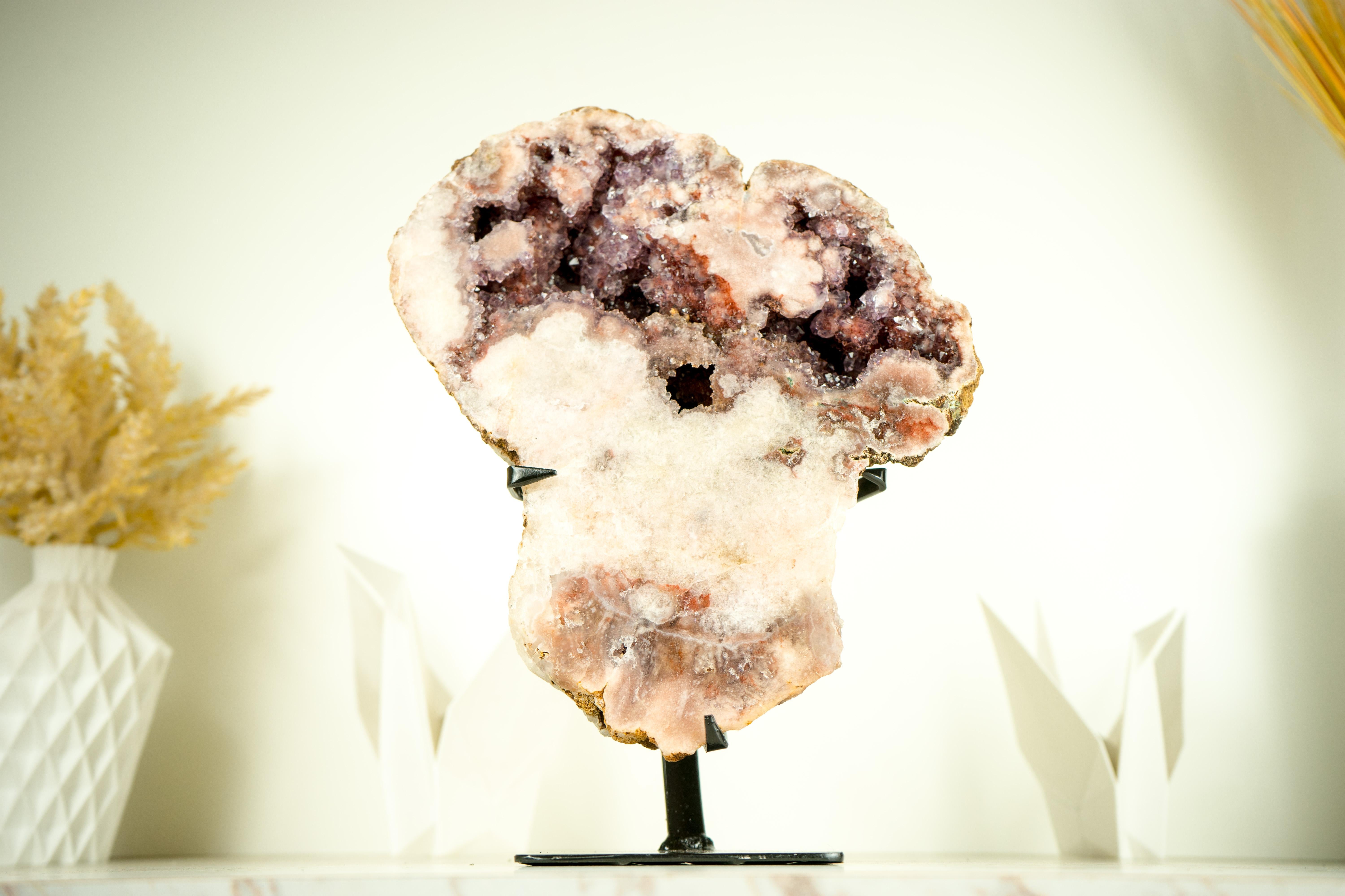 Rare All-Natural Pink Amethyst Geode with Sparkly Red Amethyst Druzy  In Distressed Condition For Sale In Ametista Do Sul, BR