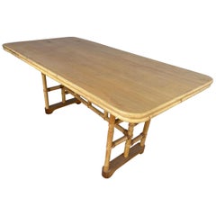 Rare All Original 1949 Rattan and Mahogany Dining Table with Skeleton Base