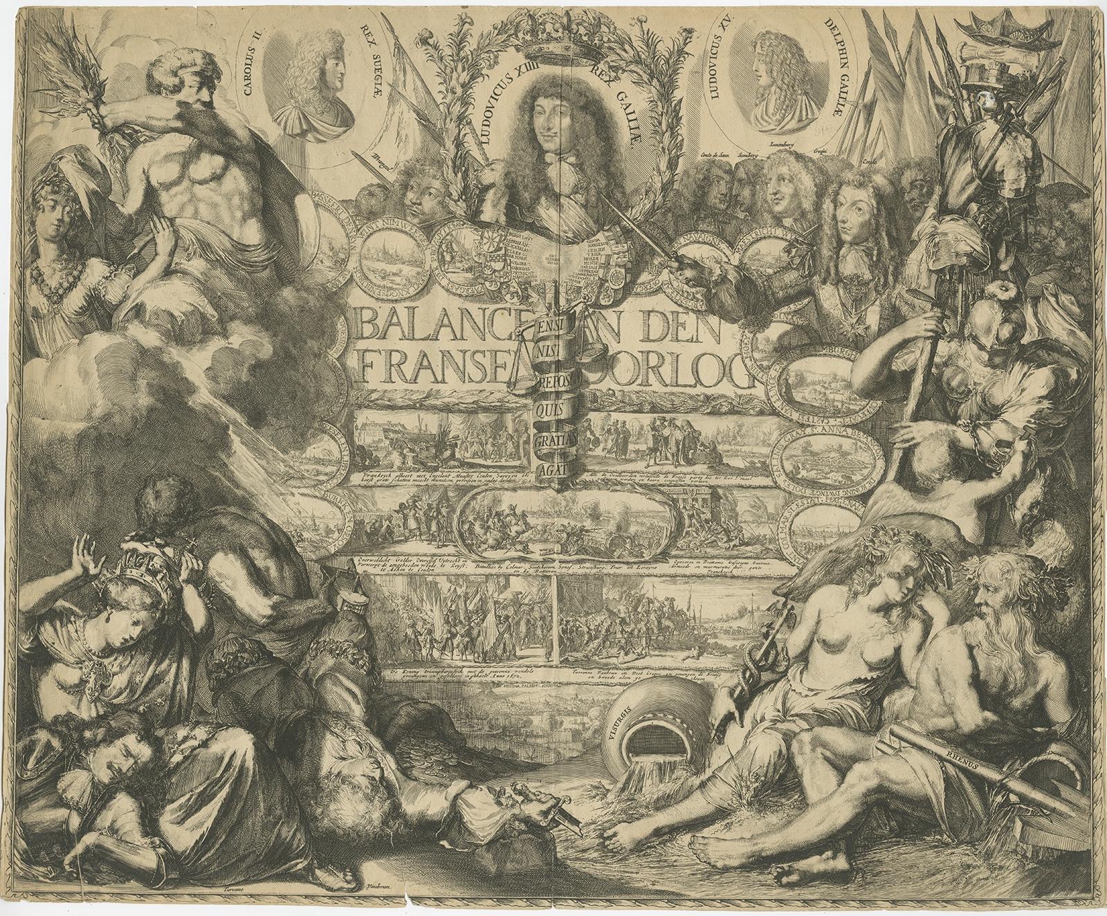 Antique print titled 'Balancen den Franse Oorlog'. 

Allegory of France and her allies at war; portrait of Louis XIV, flanked by those of Charles XI of Sweden and the Dauphin, above 7 small panels with battle scenes, 14 medallions representing