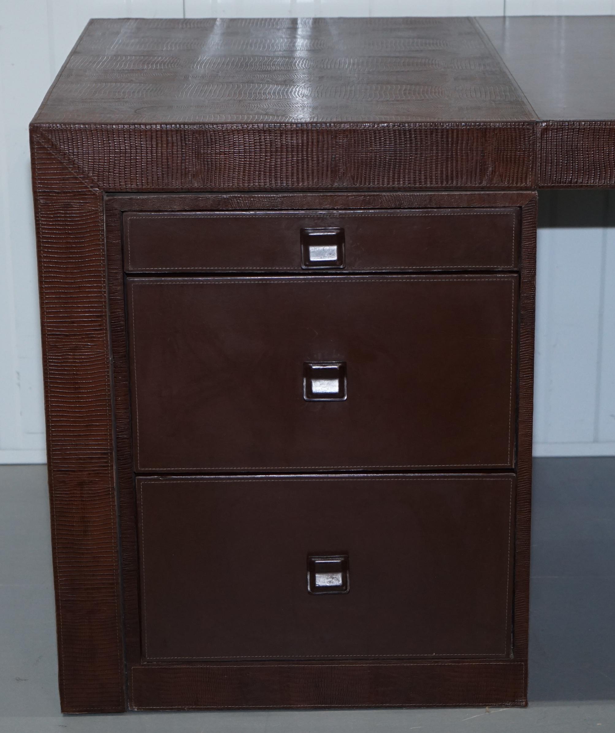 Contemporary Rare Alligator Crocodile Leather Patina Large Desk Removable Drawers Makes Table