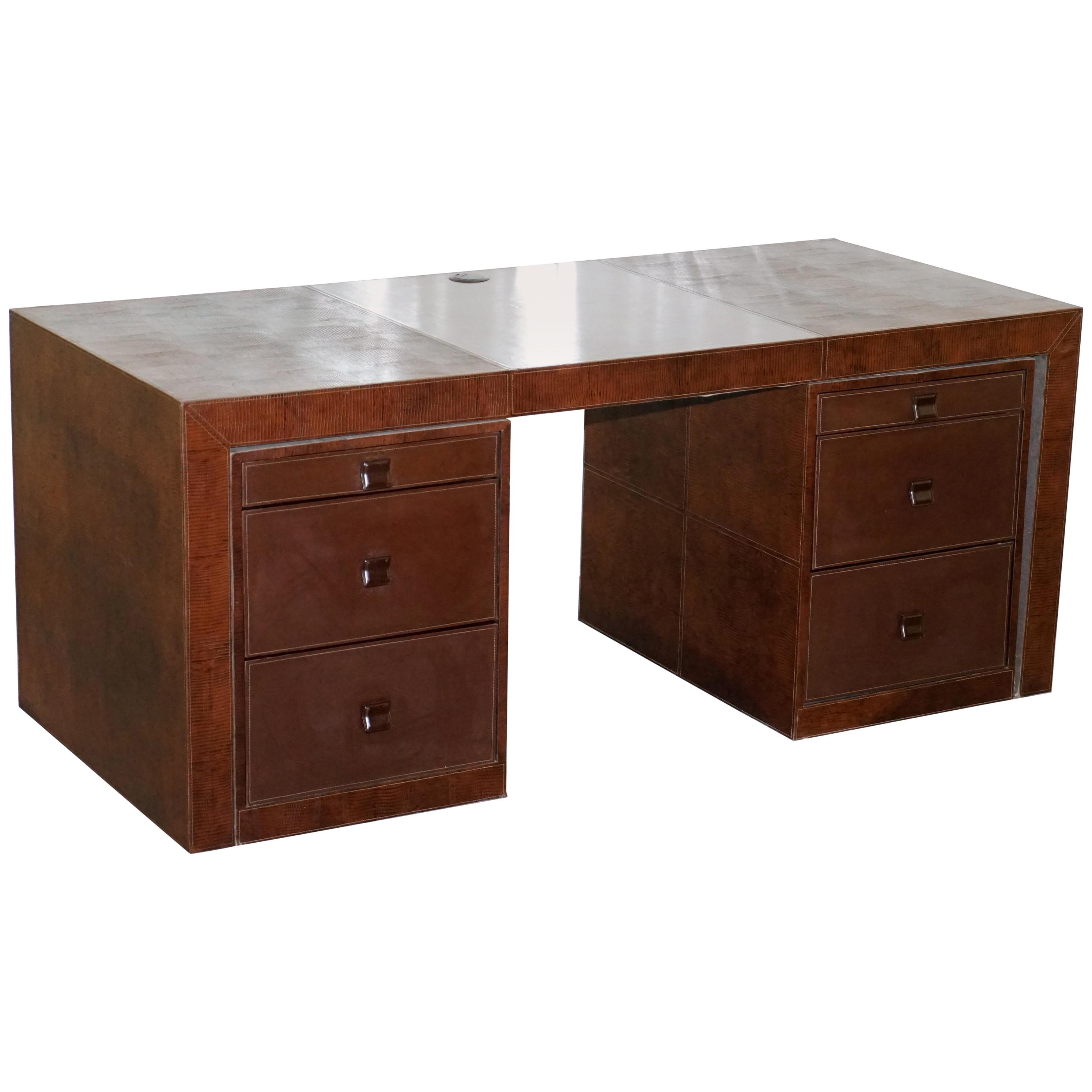 Rare Alligator Crocodile Leather Patina Large Desk Removable Drawers Makes Table