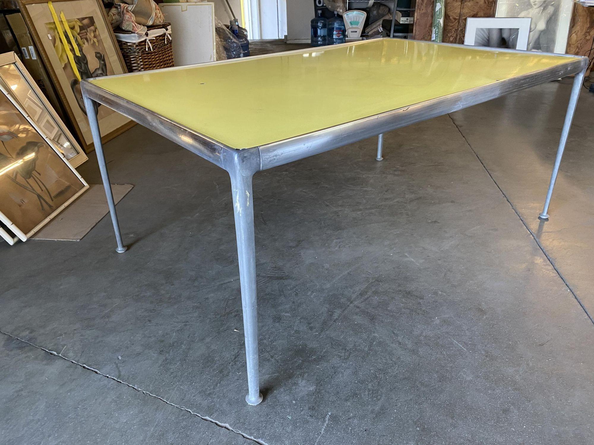 Early Richard Shultz for Knoll outdoor dining table, circa 1966 machined aluminum table base with stunning yellow enamel top. The tabletop features a 1/2