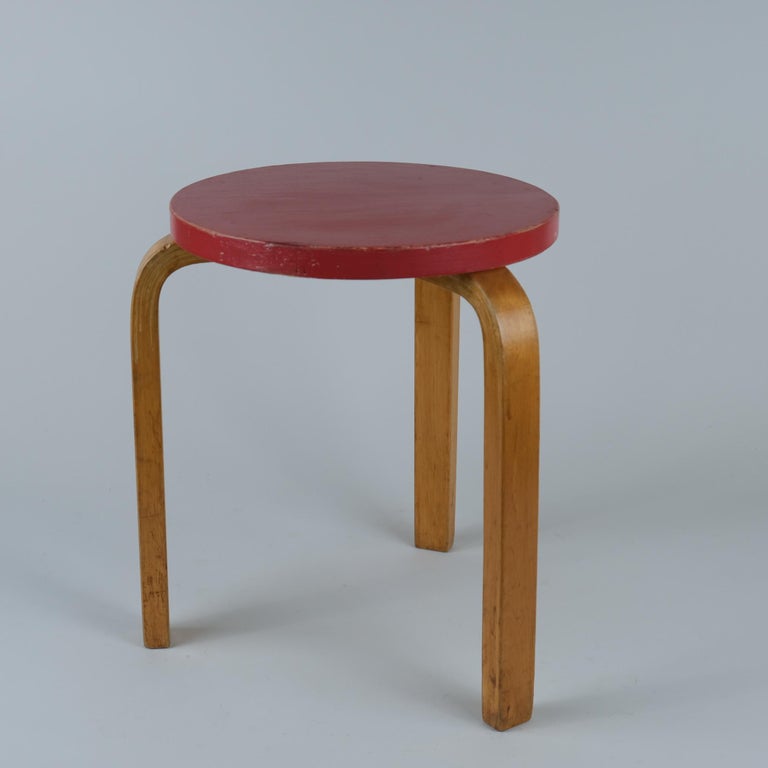 Rare Alvar Aalto 3 Legged Stool 60 In Birch and Red, Artek, 1940s