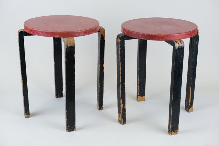 Rare Alvar Aalto 4 Legged Stools E60 Wartime Version in Red