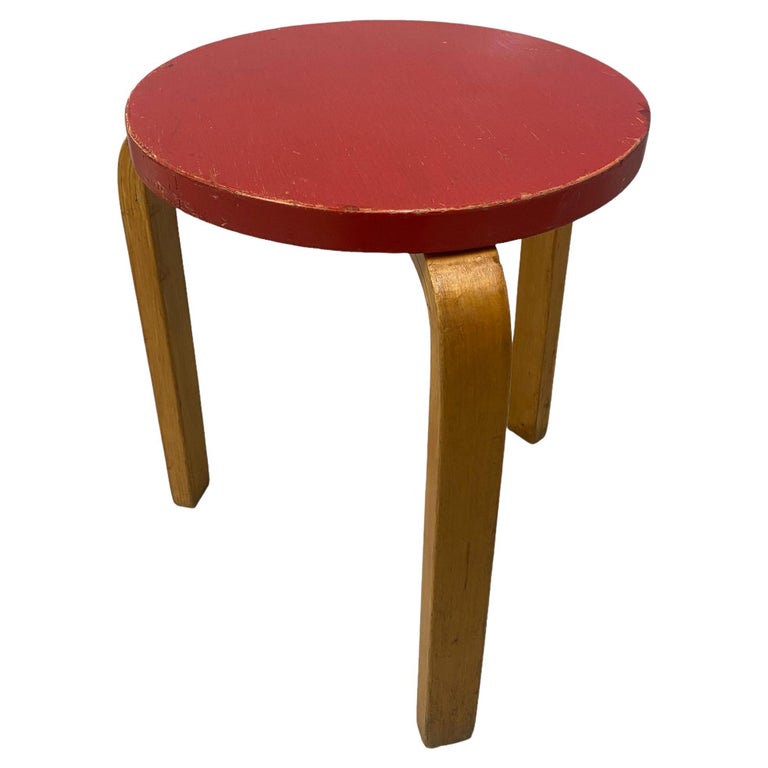 Rare Alvar Aalto Legged Stool 60 In Birch and Red, Artek, 1940s