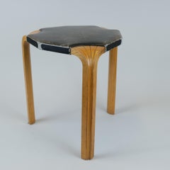 Rare Alvar Aalto Stool X602 with Fan Leg and Black Leather, Artek 1950s