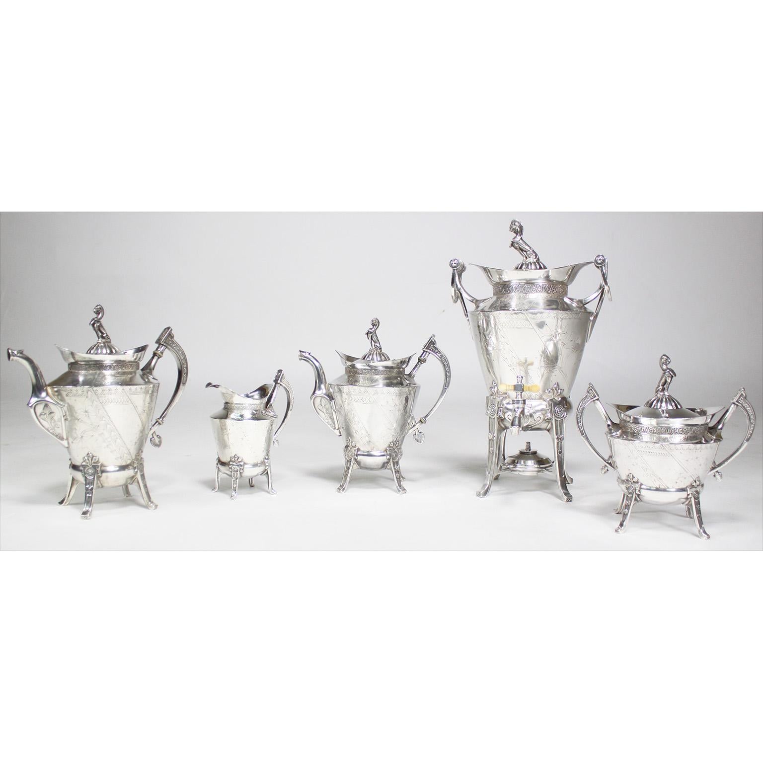 An Impressive and Rare American Aesthetic Movement Six-Piece Silver-Plated Coffee and Tea Service. The ornately designed service with griffon finials and raised  on a tapered and footed body decorated, in the Japanese taste (Japonisme), in the