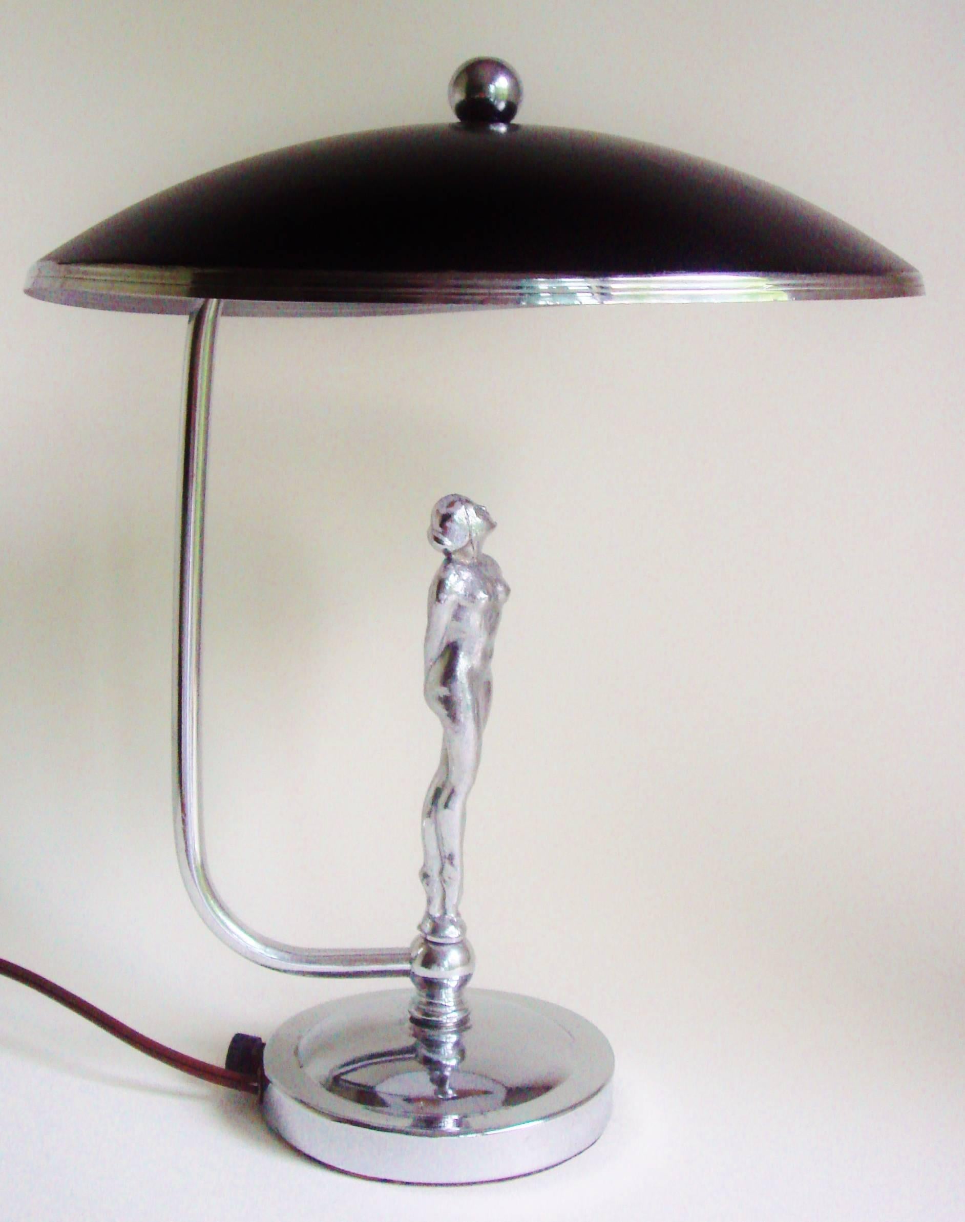 Painted Rare American Art Deco Chrome and Black Shaded Female Nude Figural Desk Lamp