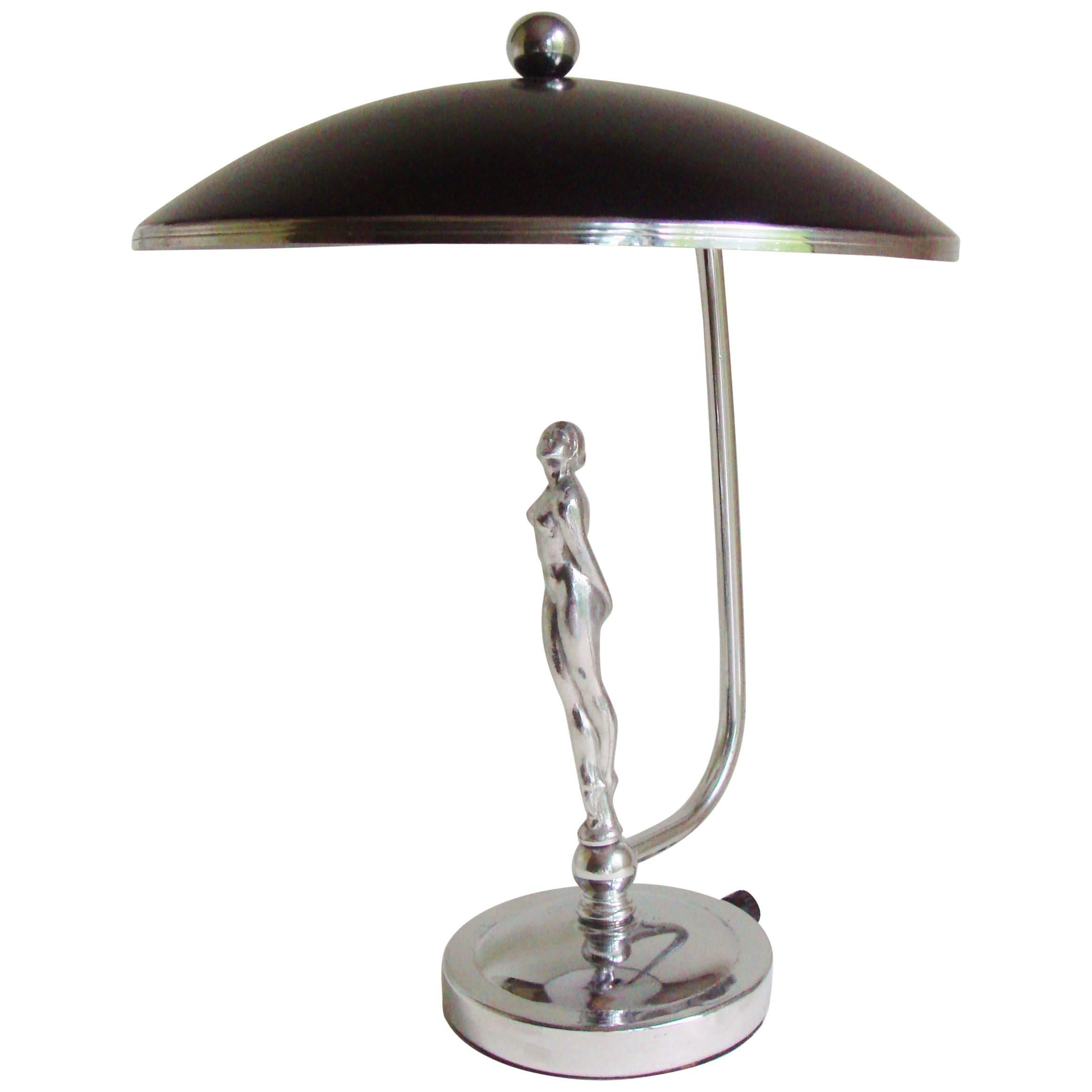 Rare American Art Deco Chrome and Black Shaded Female Nude Figural Desk Lamp