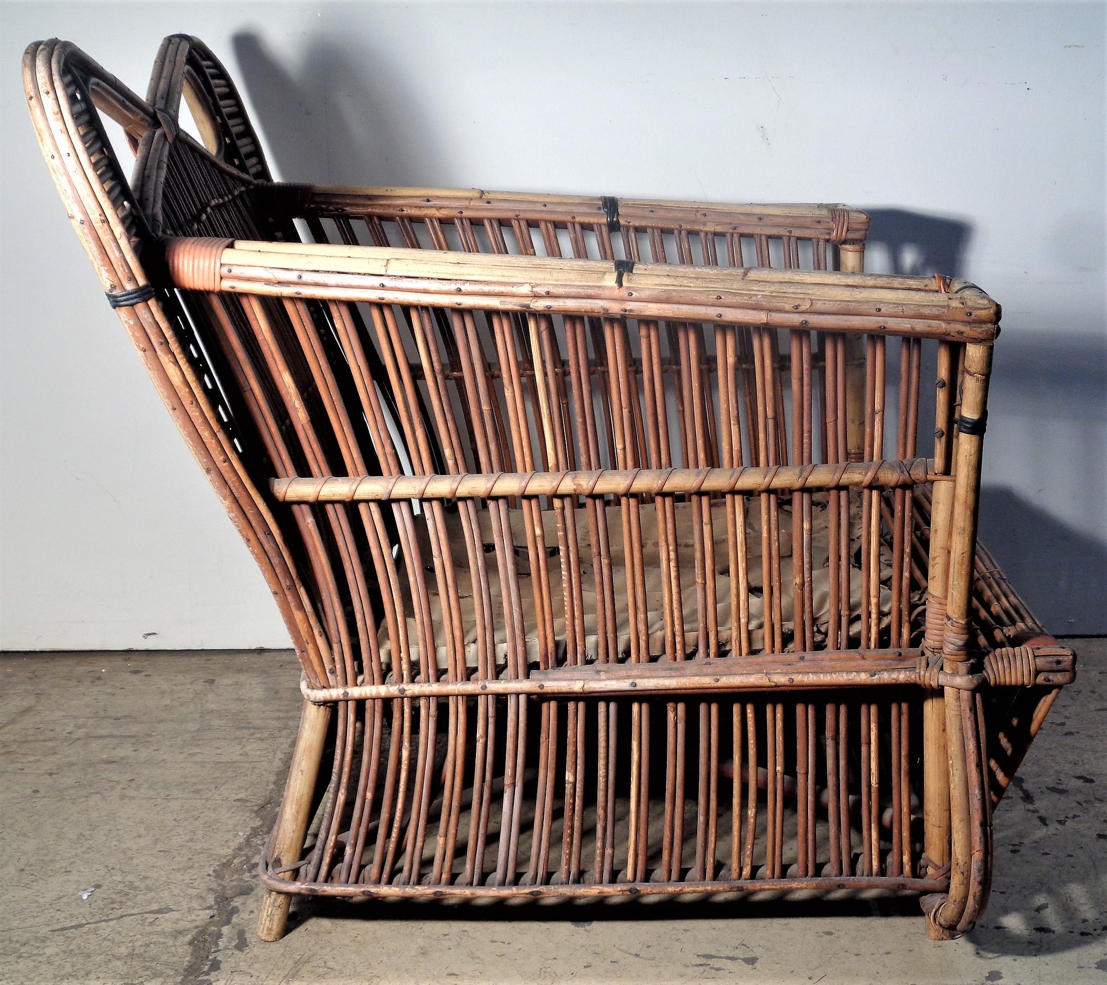 Rare Art Deco Stick Wicker Rattan Lounge Chair, Circa 1930 3