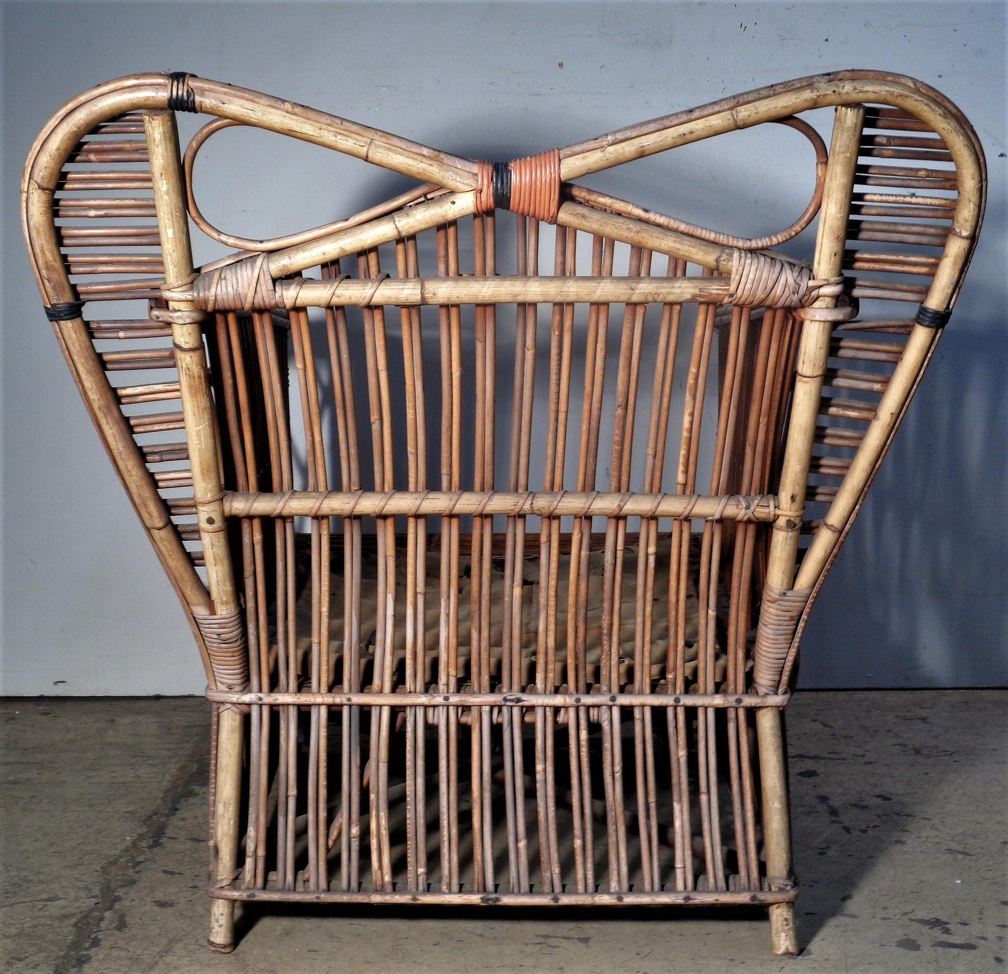 Rare Art Deco Stick Wicker Rattan Lounge Chair, Circa 1930 5