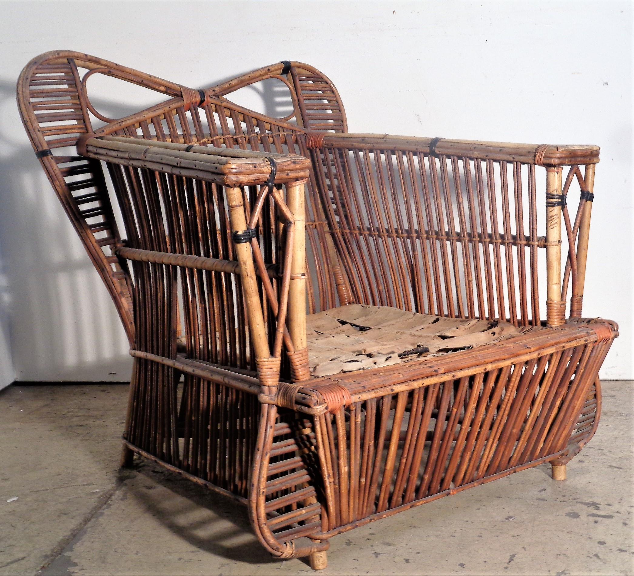 Mid-20th Century Rare Art Deco Stick Wicker Rattan Lounge Chair, Circa 1930