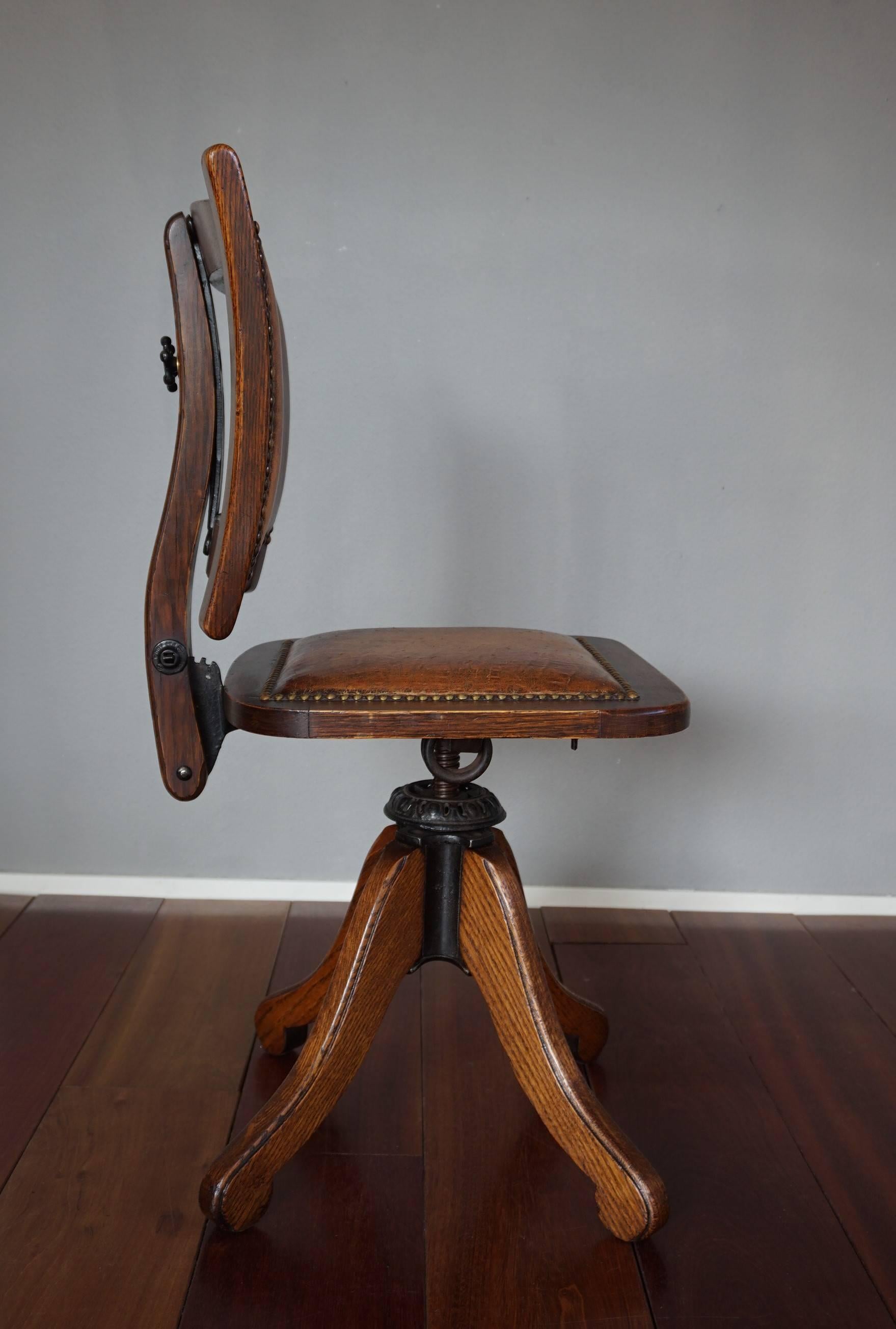American made, oak and cast iron Arts & Crafts chair with leather upholstery.

The maker of this chair, the Davis Chair Company was founded in 1892 in Marysville, Ohio. We have no idea how this extremely rare and all-American antique chair ended up