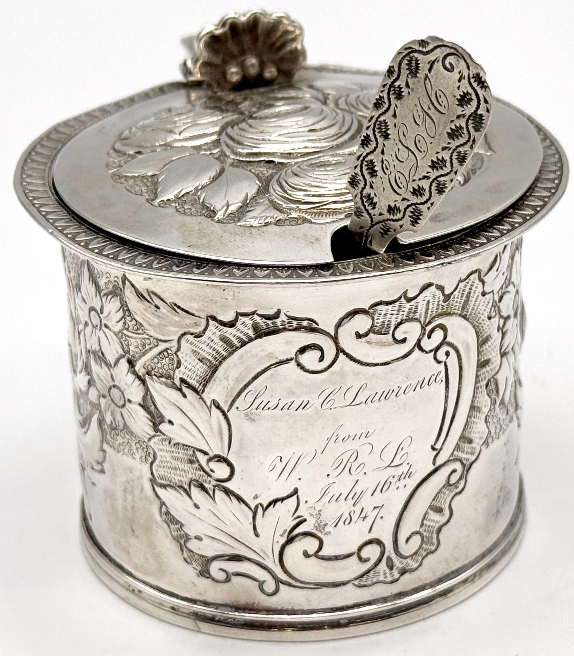 Rare American Coin Silver Mustard Pot & Spoon Lows, Ball & Company, Boston, 1847 For Sale 3