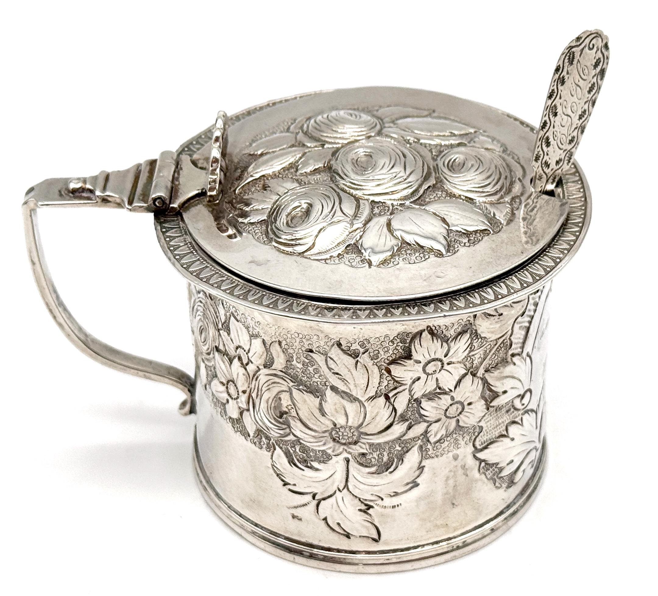 Rare American Coin Silver Mustard Pot & Spoon by Lows, Ball & Company, Boston, Dated 1847, 139 Grams 

A richly decorated and historically inscribed American coin silver mustard pot with matching spoon, crafted by Lows, Ball & Company of Boston and