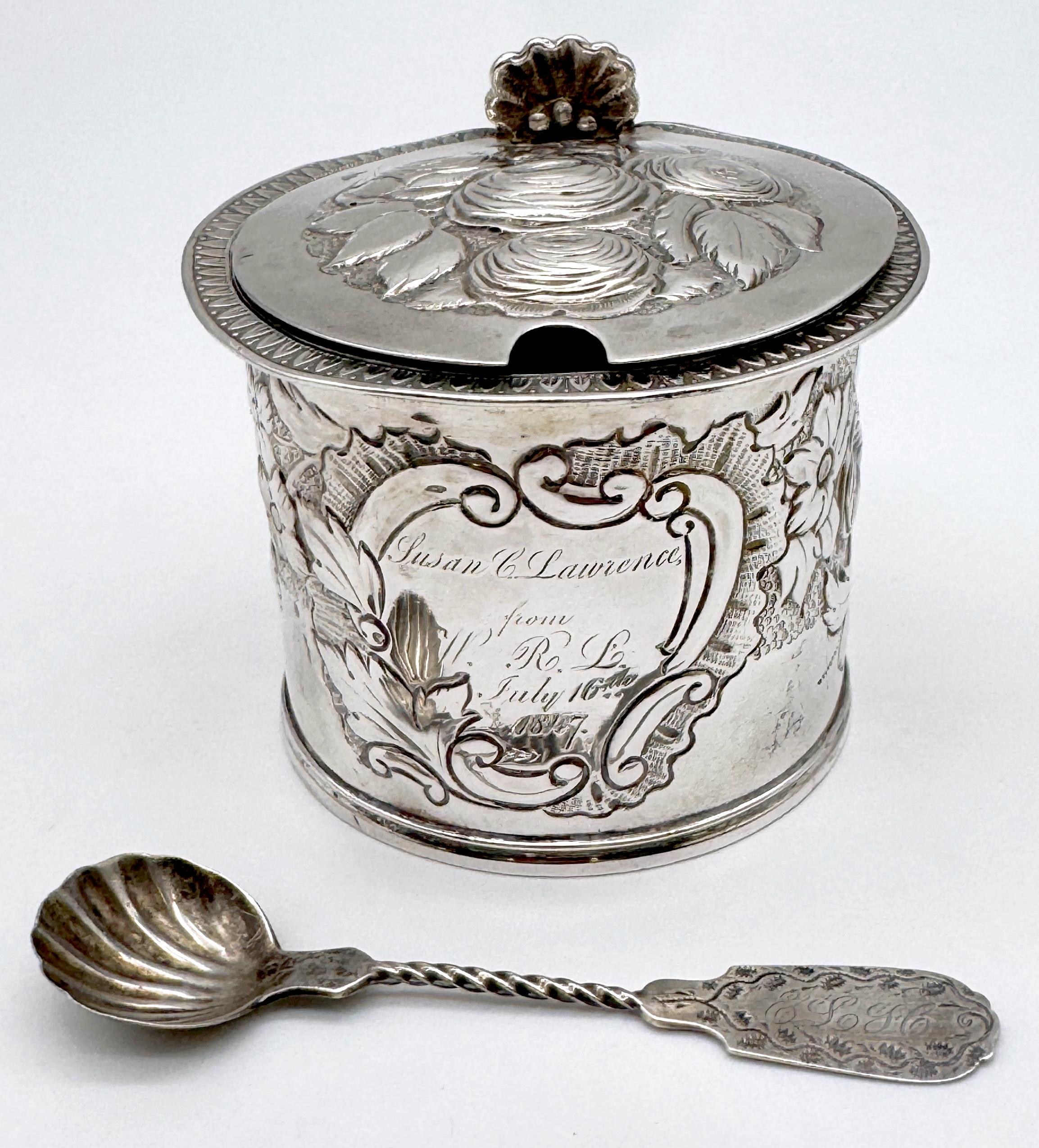 American Classical Rare American Coin Silver Mustard Pot & Spoon Lows, Ball & Company, Boston, 1847 For Sale