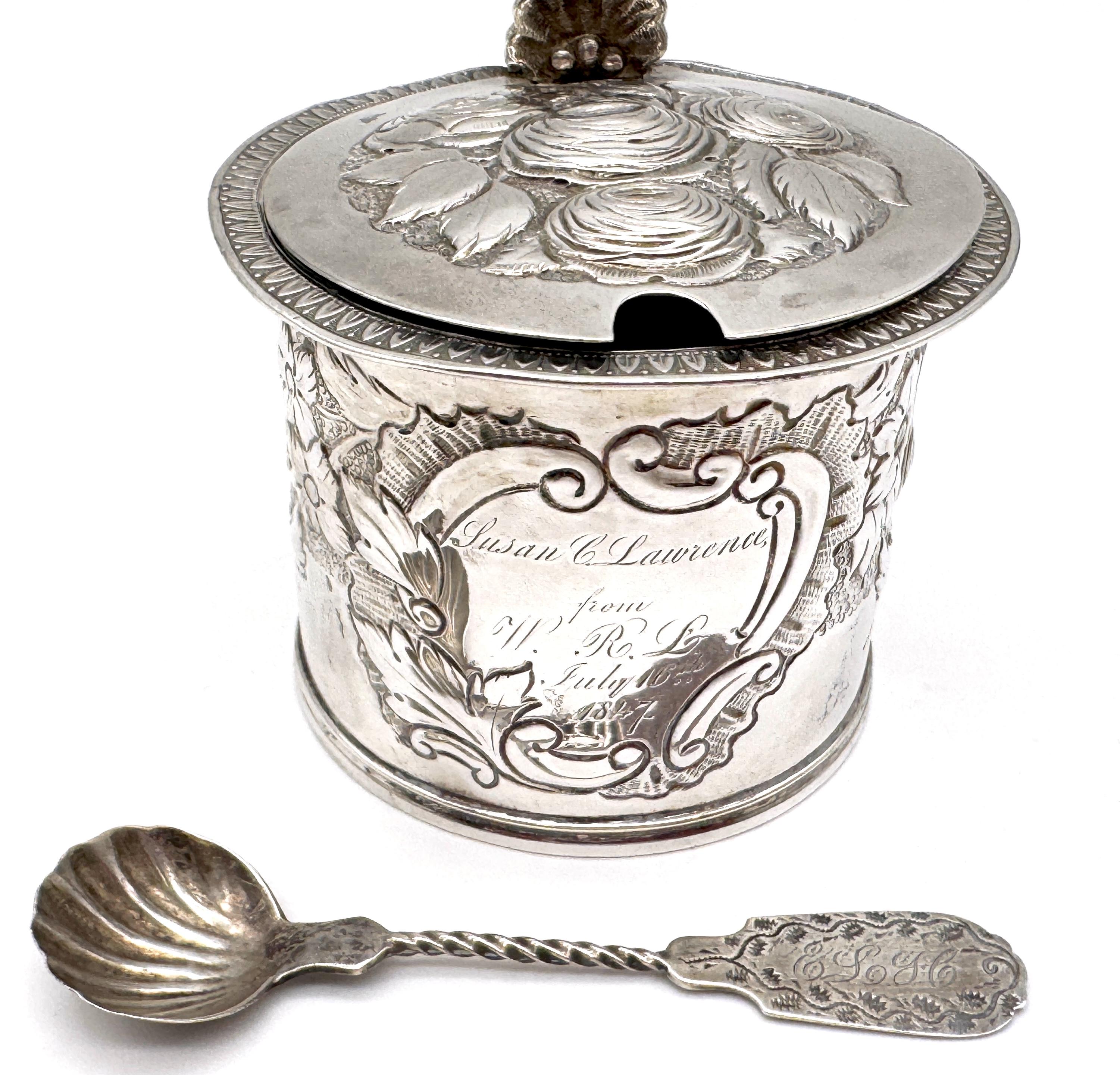 Cast Rare American Coin Silver Mustard Pot & Spoon Lows, Ball & Company, Boston, 1847 For Sale
