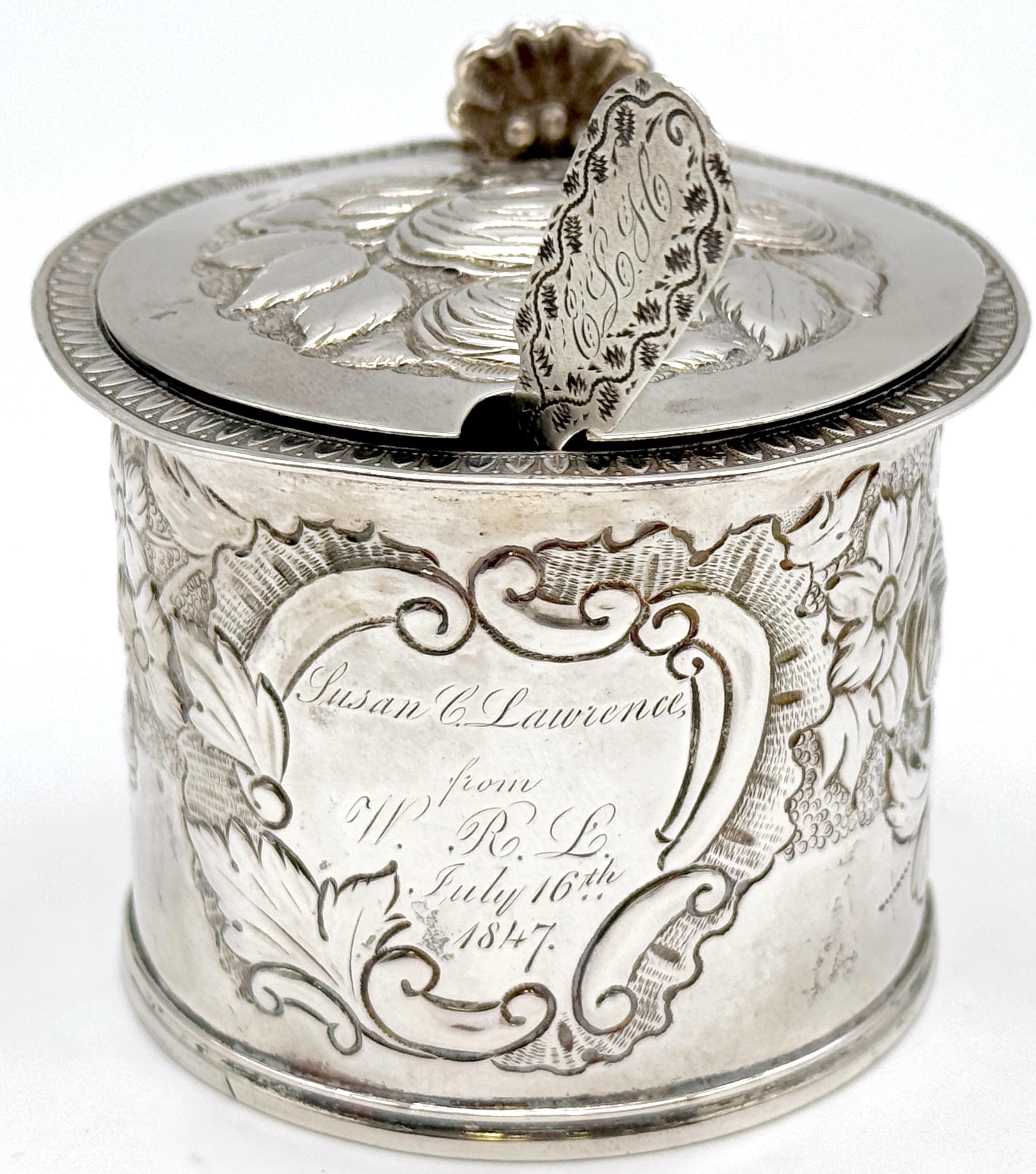 Rare American Coin Silver Mustard Pot & Spoon Lows, Ball & Company, Boston, 1847 In Good Condition For Sale In West Palm Beach, FL