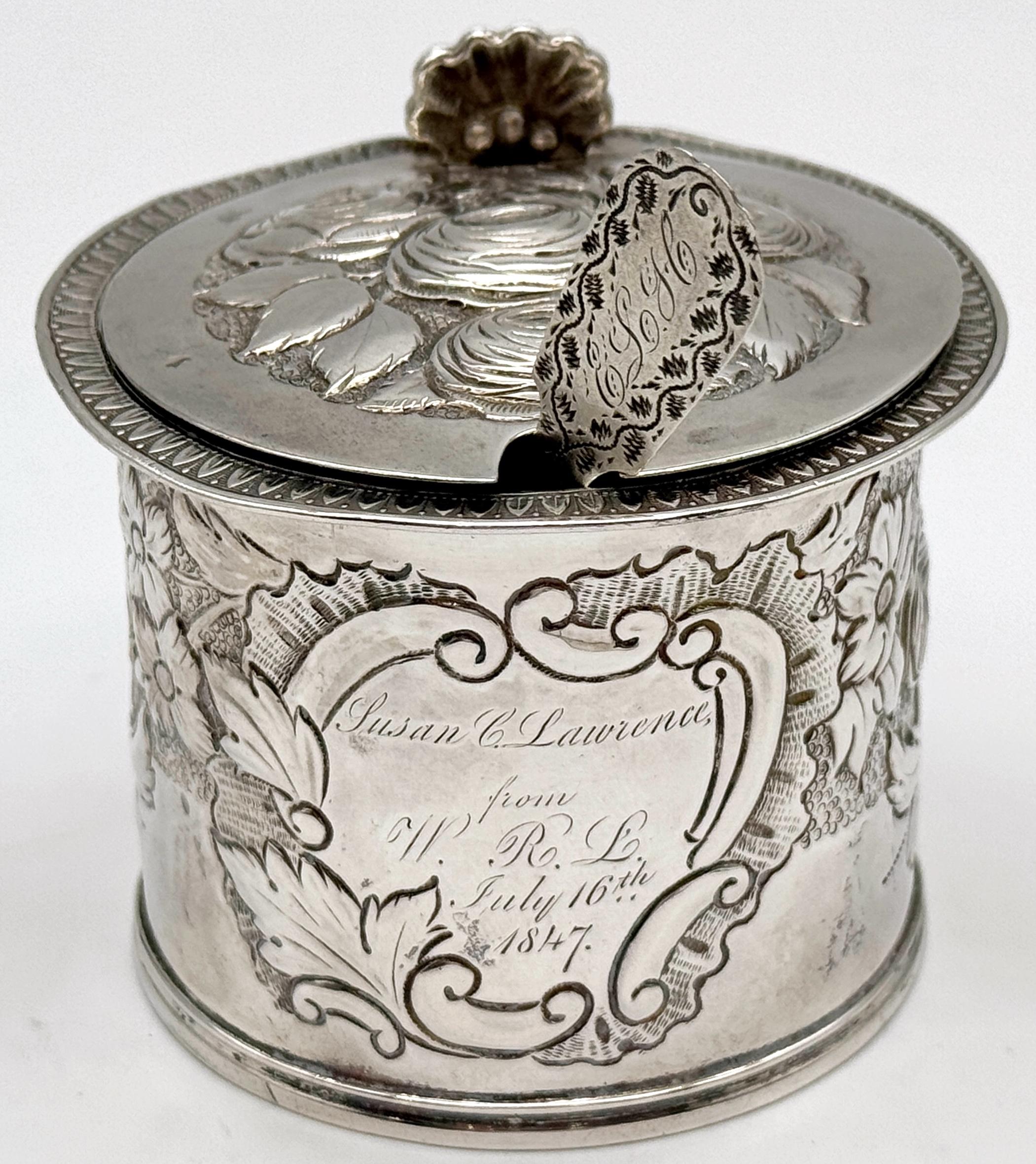 19th Century Rare American Coin Silver Mustard Pot & Spoon Lows, Ball & Company, Boston, 1847 For Sale