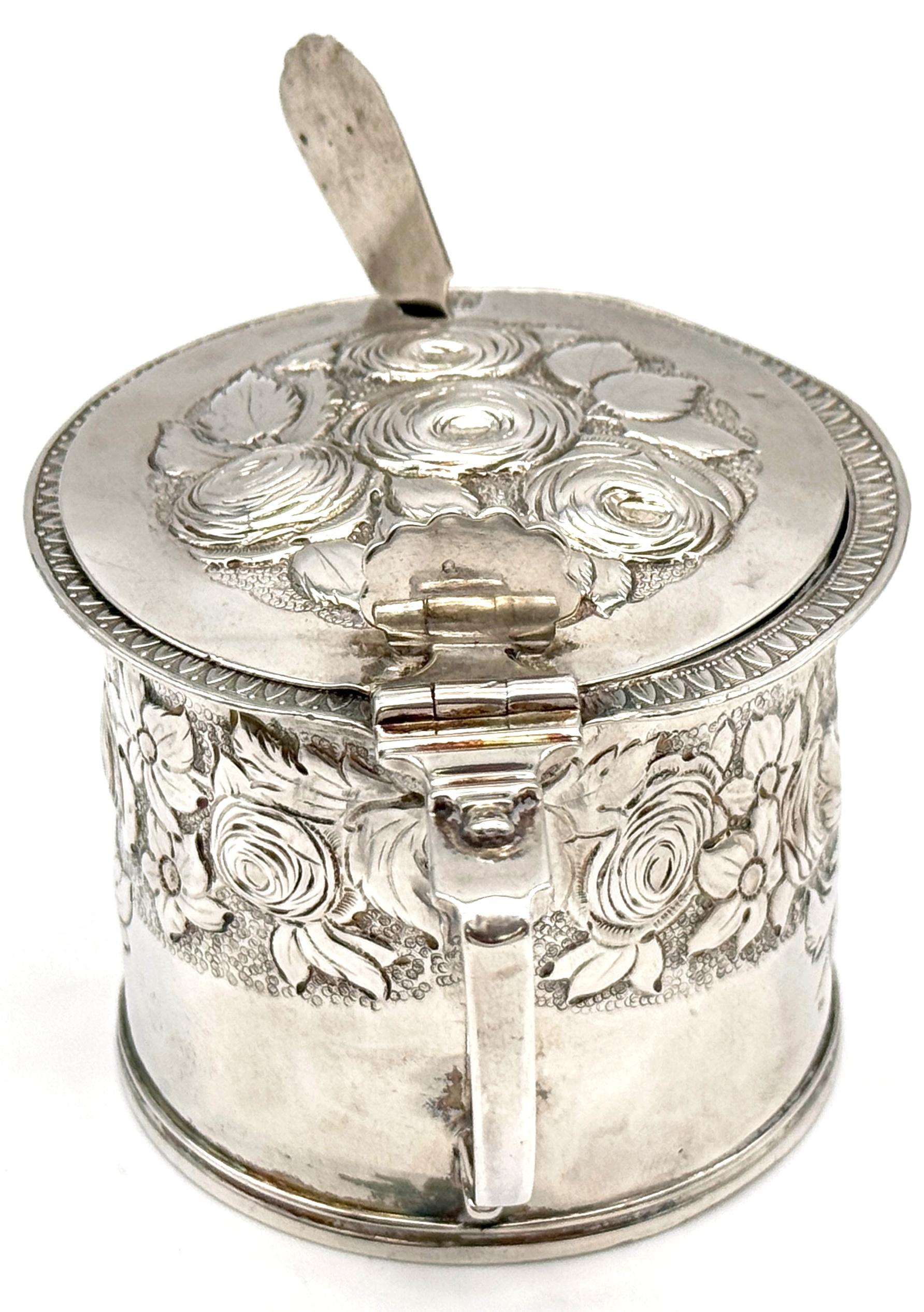Sterling Silver Rare American Coin Silver Mustard Pot & Spoon Lows, Ball & Company, Boston, 1847 For Sale