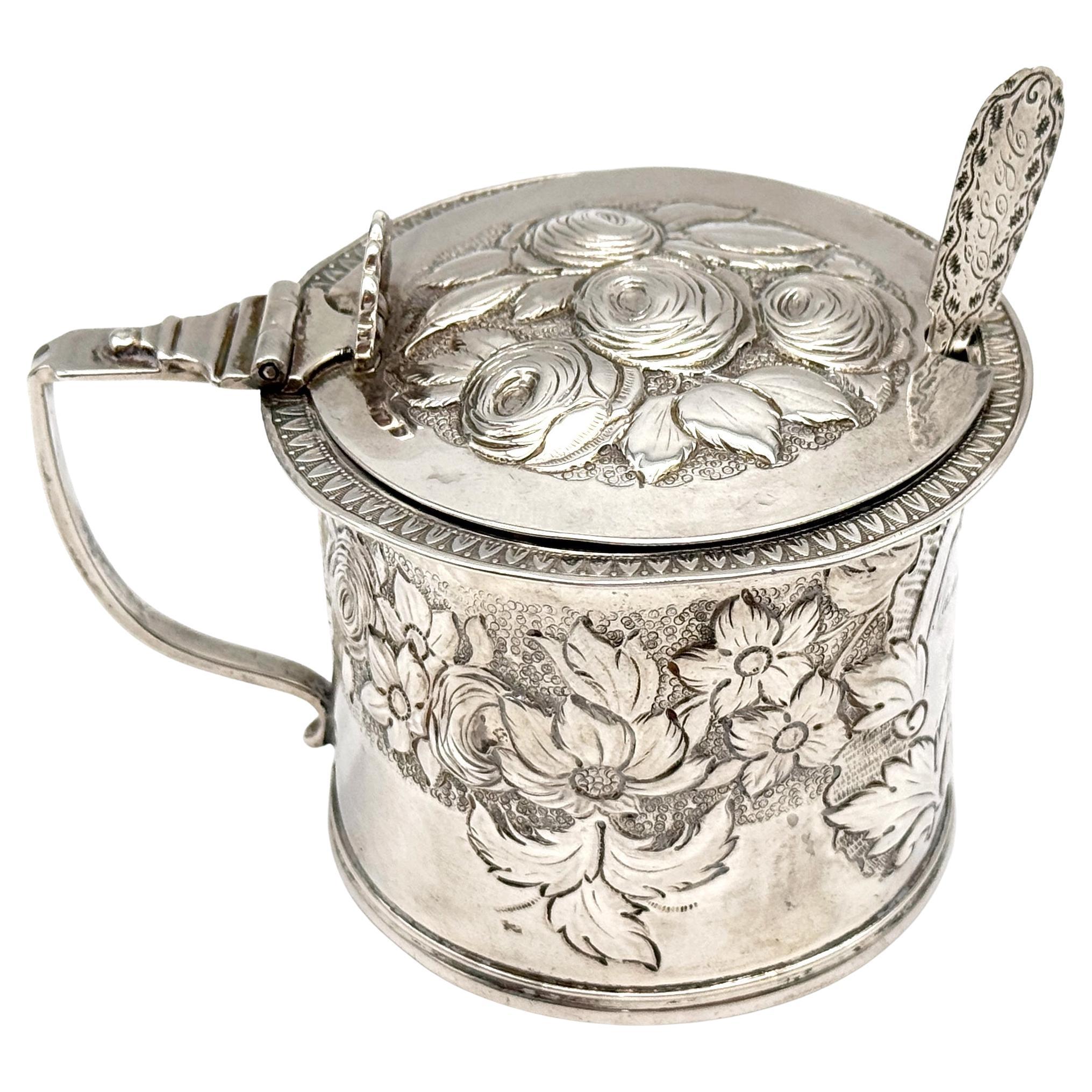 Rare American Coin Silver Mustard Pot & Spoon Lows, Ball & Company, Boston, 1847 For Sale