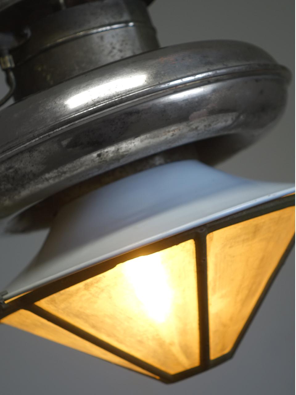 I know we keep using the word rare. The fact is we are hunting and acquiring some of the most unique lighting examples that can be found. This pendent is an AGM made in 1917. The most interesting feature is the clip-on cone shaped Mica shade. The