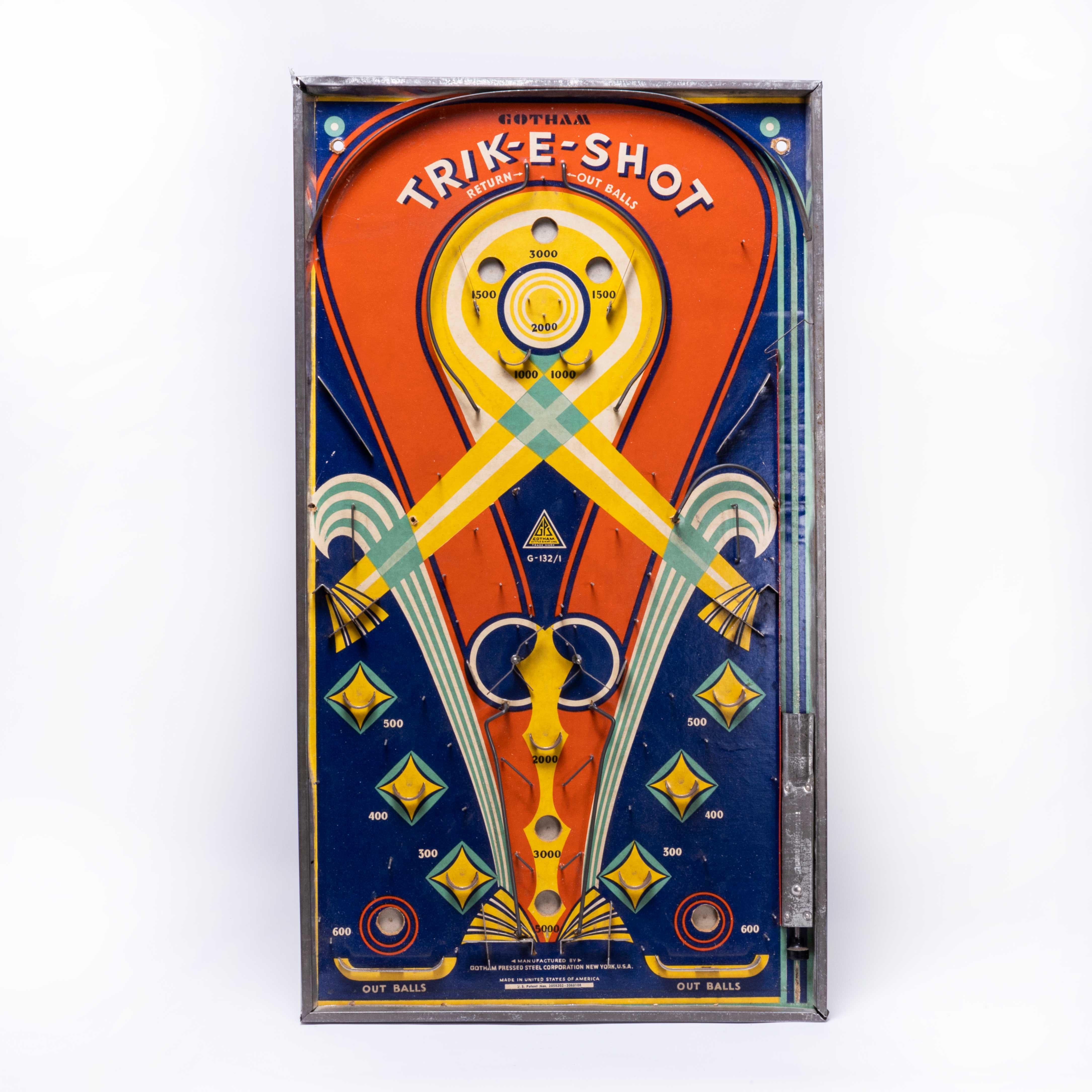 Rare American Gothum Trike-shot pinball
Rare American Gothum Trike-shot pinball. Made in America by Bagatelle in the early 19th Century. It has amazing graphics still with vibrant colour and a steel border all round. In amazing condition, it works