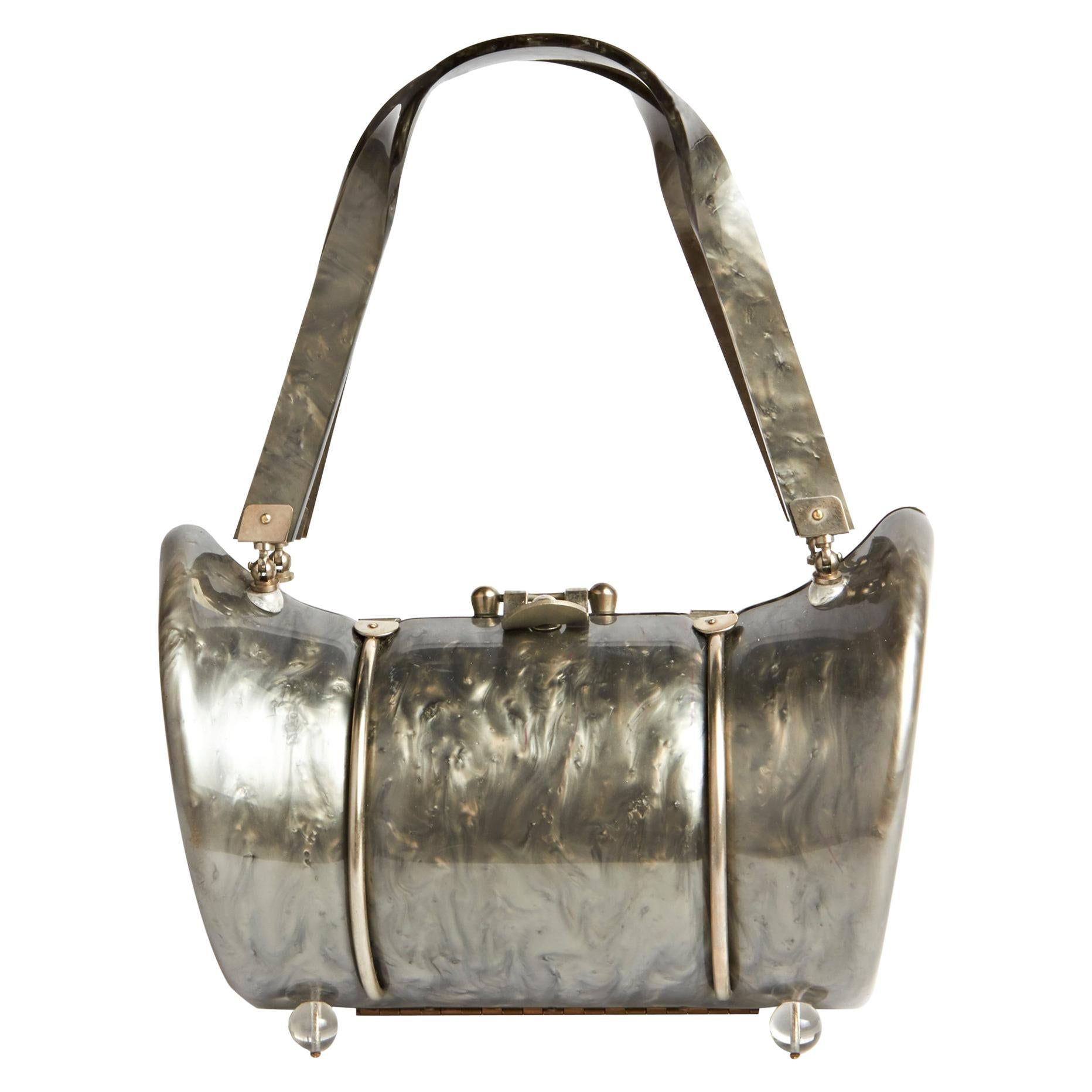 Rare American Mid-Century Pearlescent Gray Lucite Purse/Handbag by Llewellyn For Sale