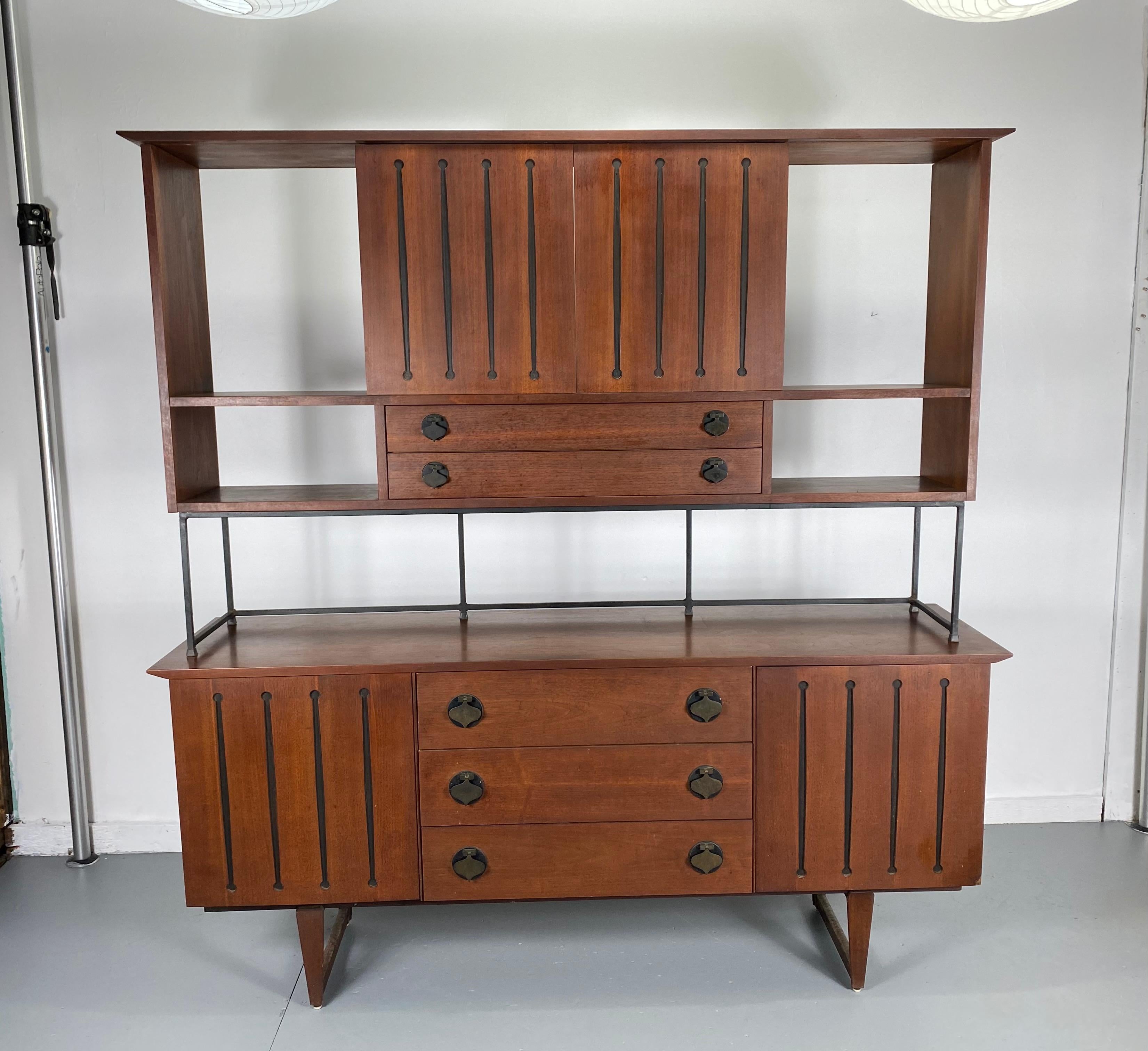 Rare American Modernist Walnut/Iron Credenza, Hutch, Room Divider, Spade Pulls 2