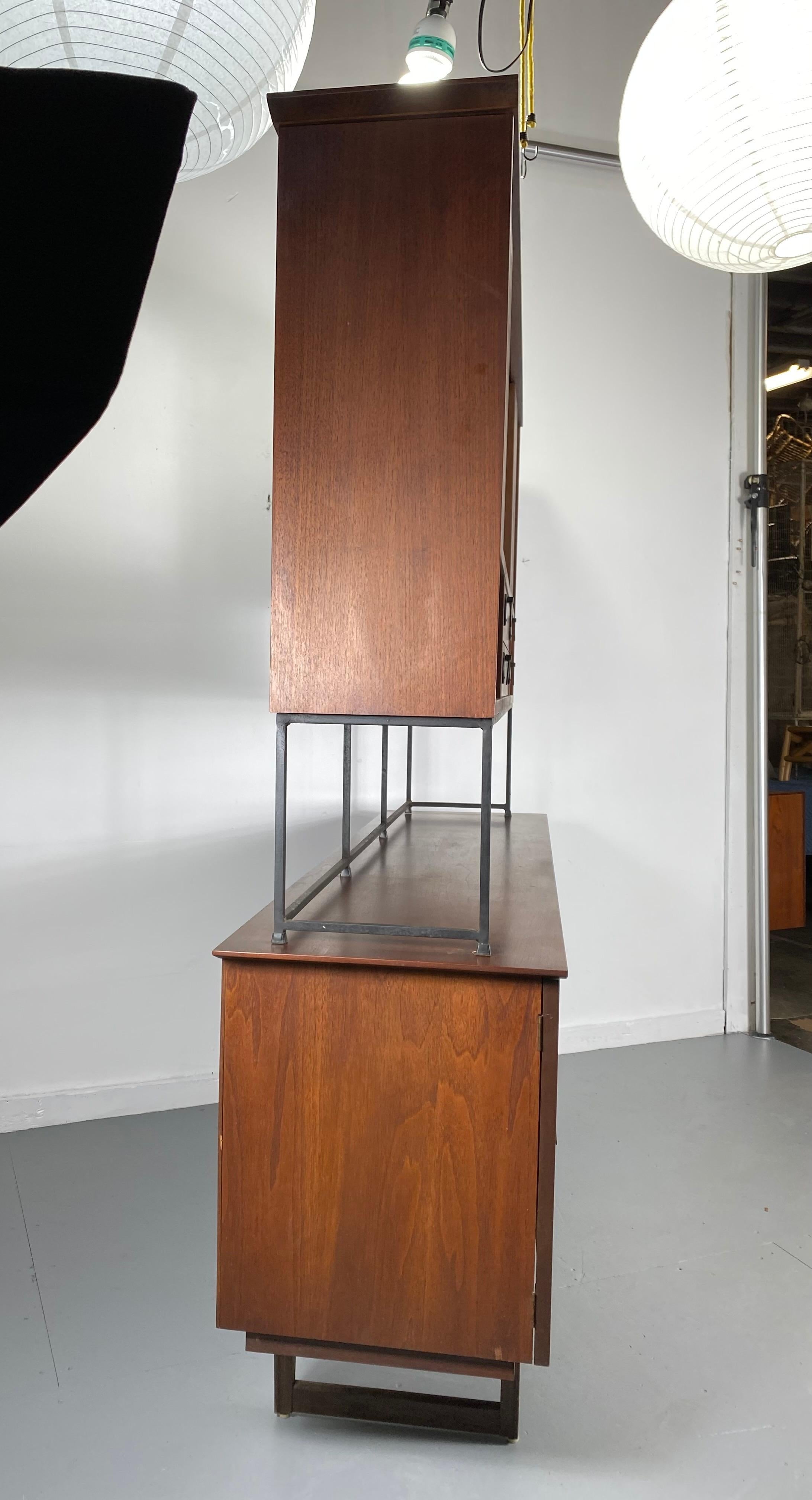 Rare American Modernist Walnut/Iron Credenza, Hutch, Room Divider, Spade Pulls 4